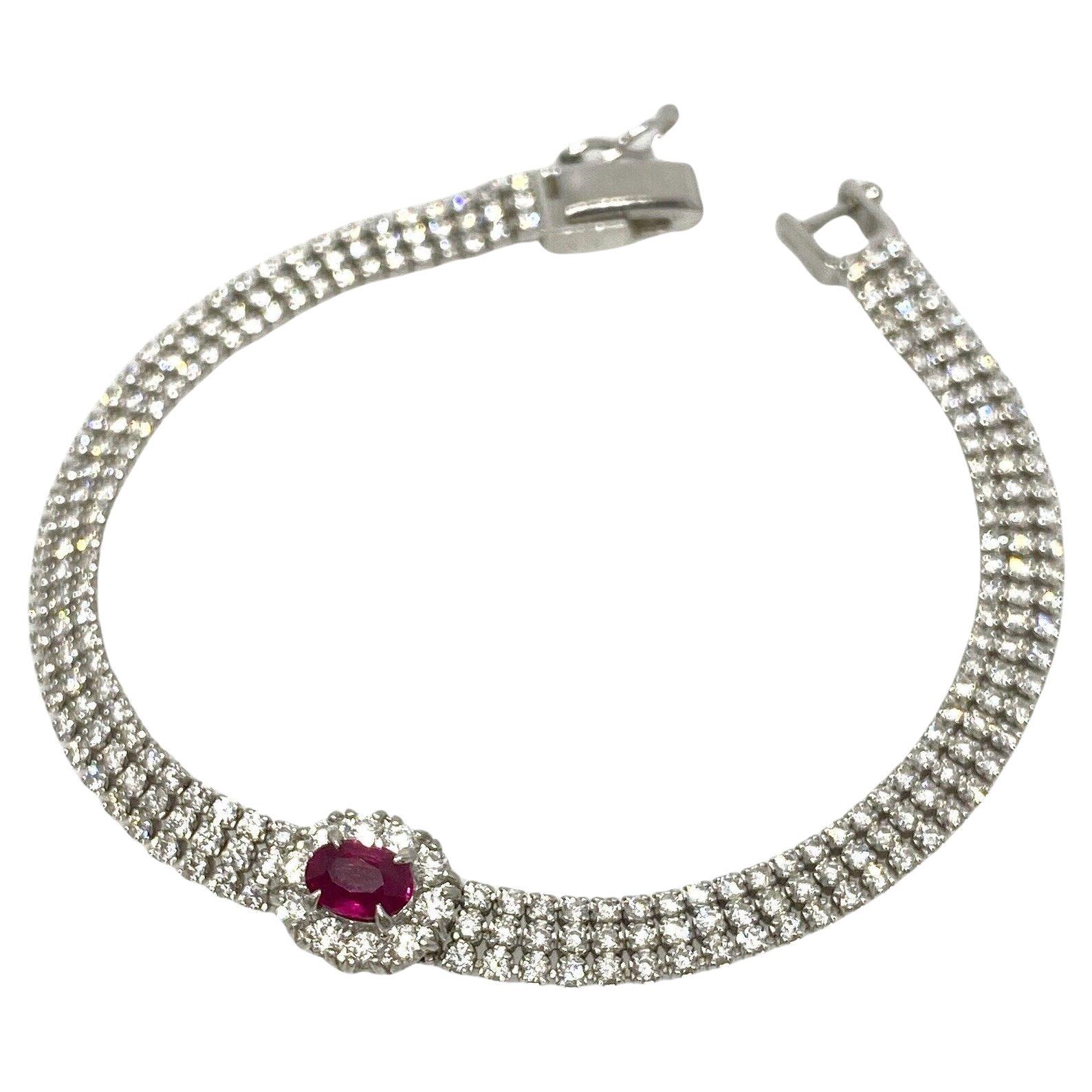 Estate Oval Ruby and Diamond Bracelet in Platinum For Sale