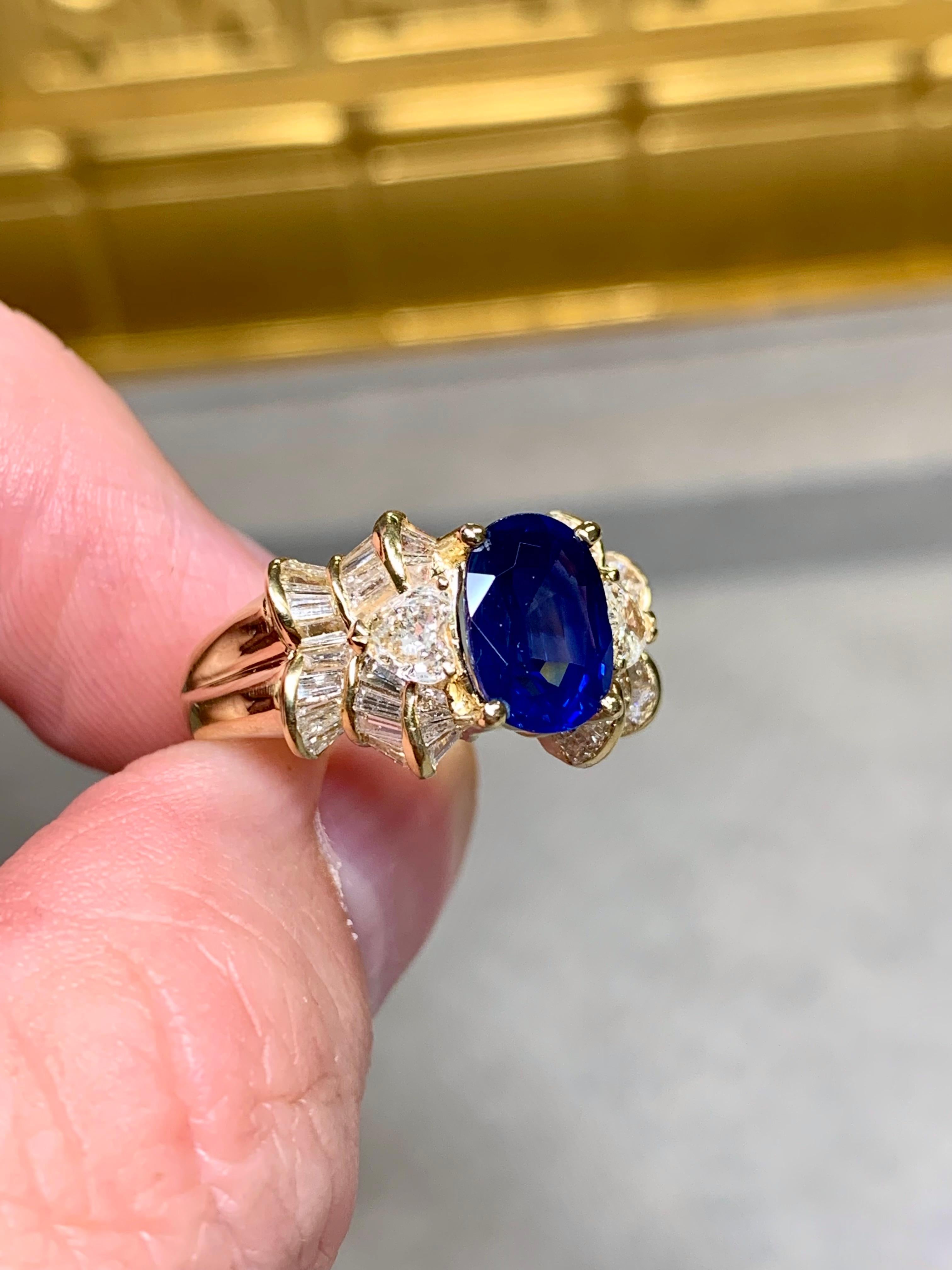 Estate Oval Sapphire Heart Baguette Diamond Cocktail Cluster Ring 5.63cttw For Sale 4