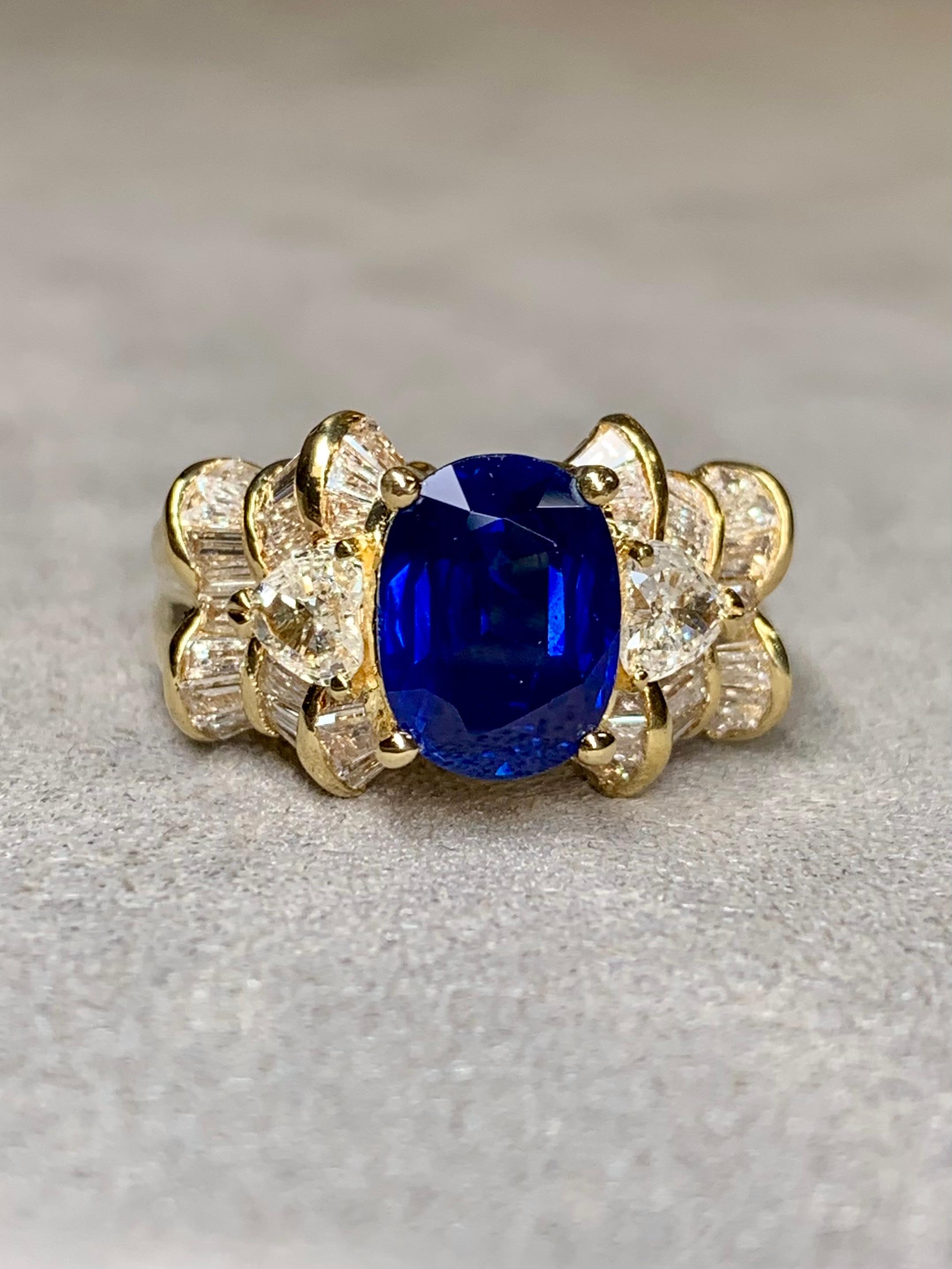 Women's or Men's Estate Oval Sapphire Heart Baguette Diamond Cocktail Cluster Ring 5.63cttw For Sale