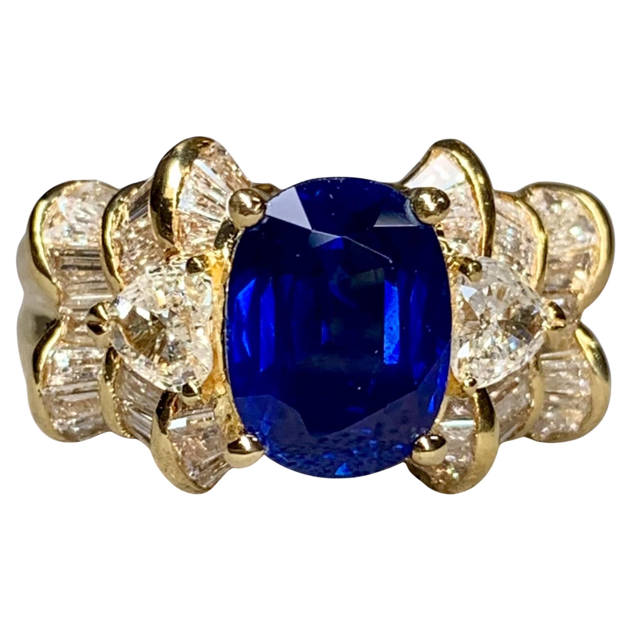Estate Oval Sapphire Heart Baguette Diamond Cocktail Cluster Ring 5.63cttw For Sale