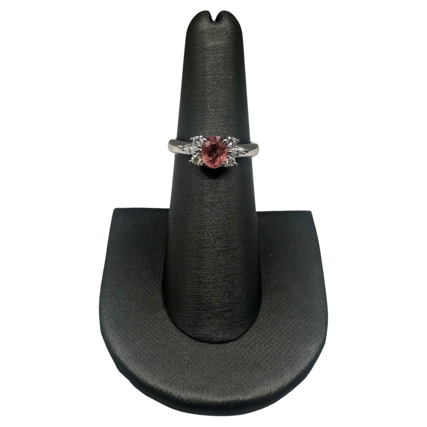 Estate Padparadscha Sapphire Ring in Platinum - 1.12ct Sapphire, 0.21ctw Diamond For Sale