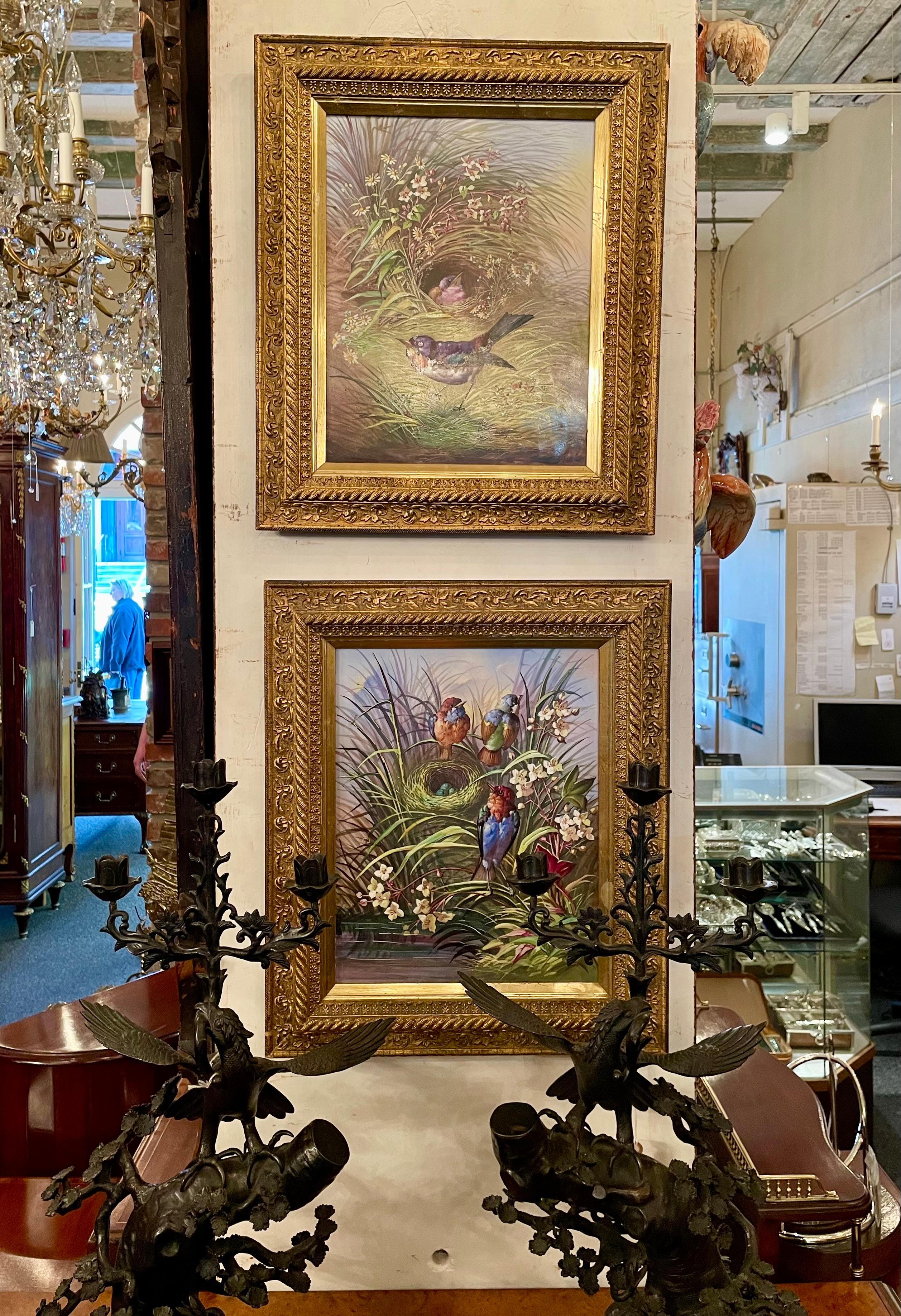 Estate Pair of Framed Bird Paintings on Porcelain, Circa 1930's-1950's. For Sale 1