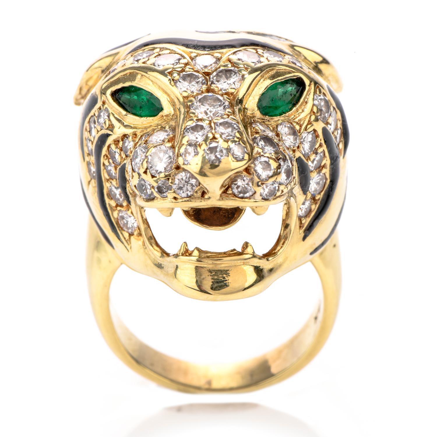 Round Cut Estate Panther Diamond Emerald 18 Karat Cocktail Ring