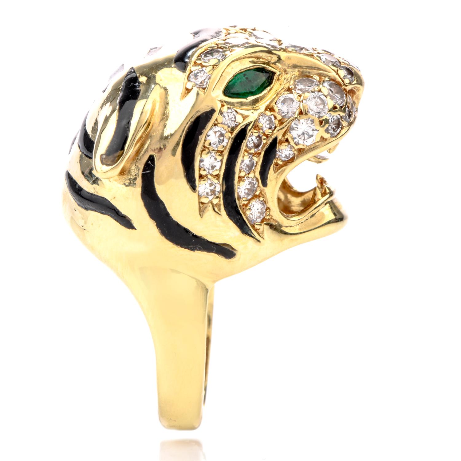 Estate Panther Diamond Emerald 18 Karat Cocktail Ring 2