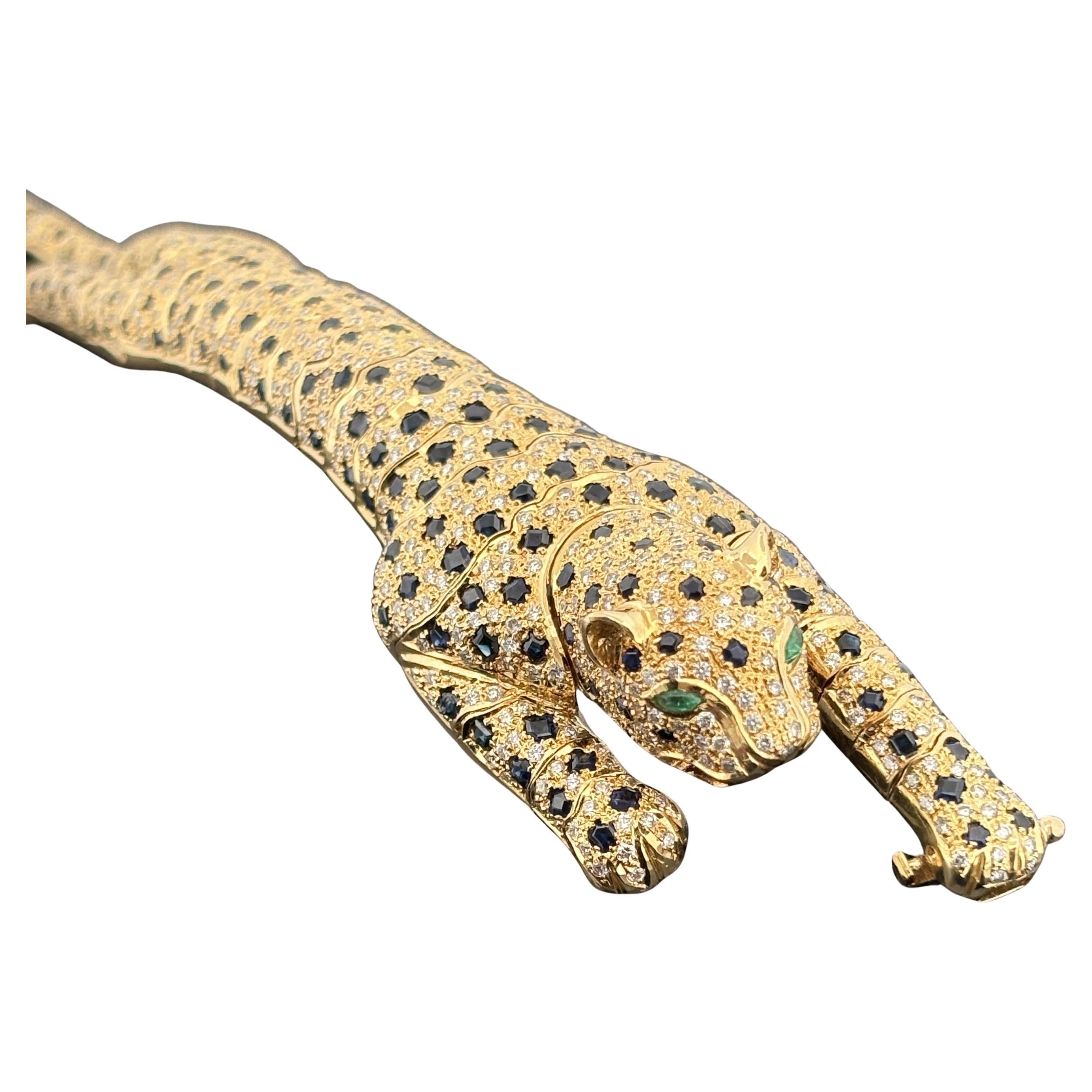 Estate Panther Wraparound Bracelet 18k Gold Diamond Sapphire Emerald For Sale