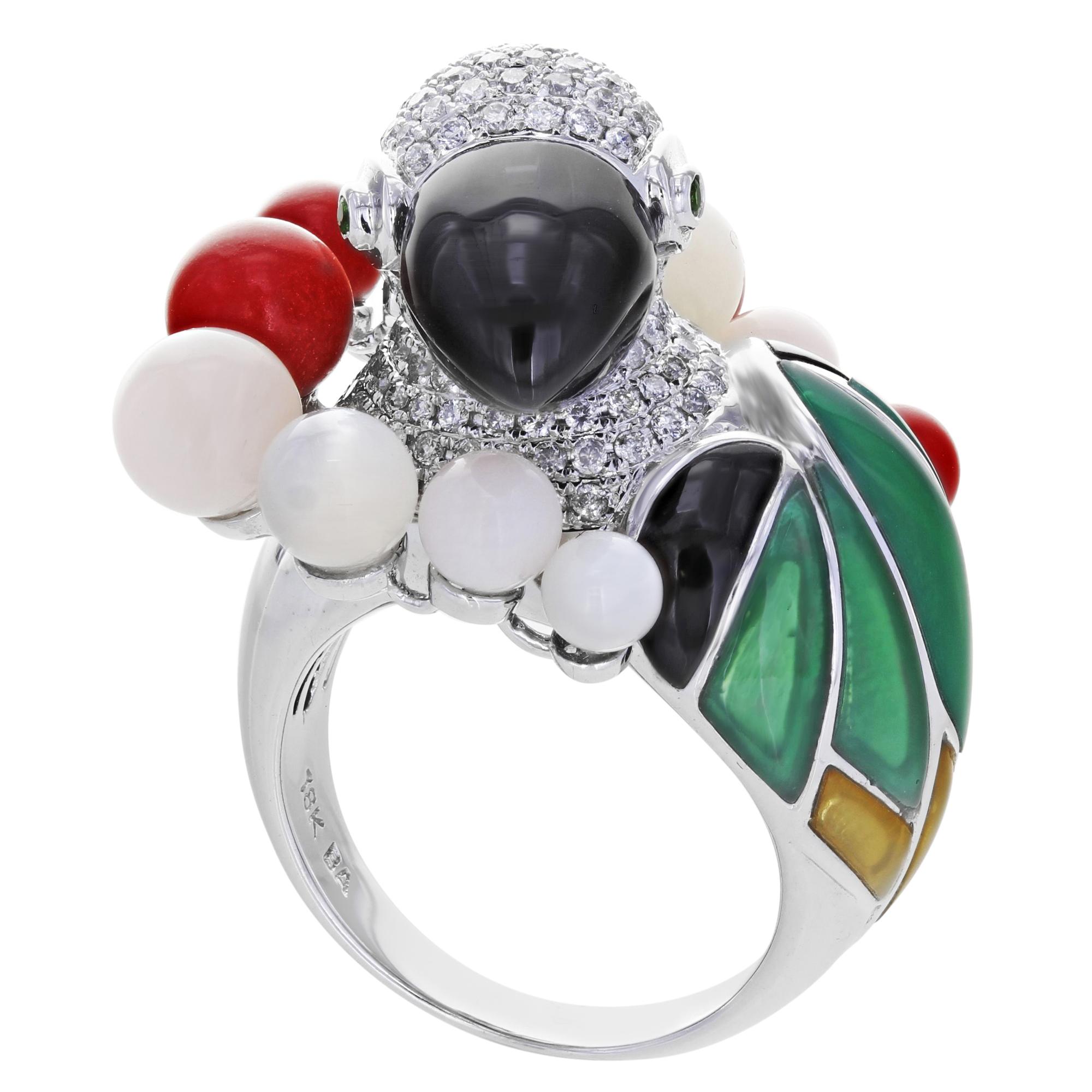 Estate Parrot Bird  Diamond Coral Ring 18K White Gold 1.95 cttw Size 7 For Sale
