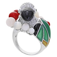 Estate Parrot Bird  Bague en or blanc 18 carats avec diamants et corail de 1,95 carat, taille 7