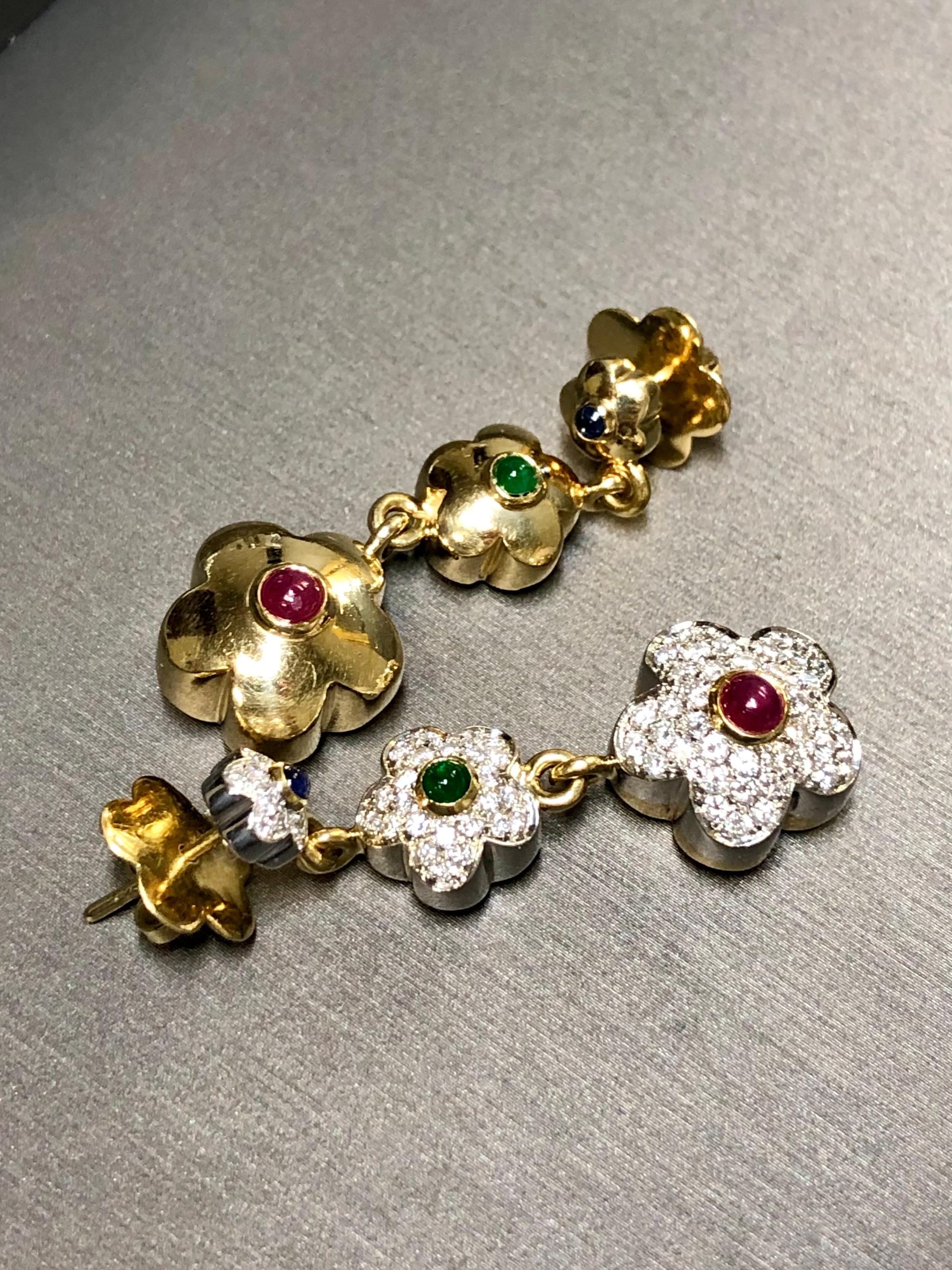 Contemporain Estate PASQUALE BRUNI 18K Diamond Ruby Sapphire Emerald Flower Drop Earrings   en vente