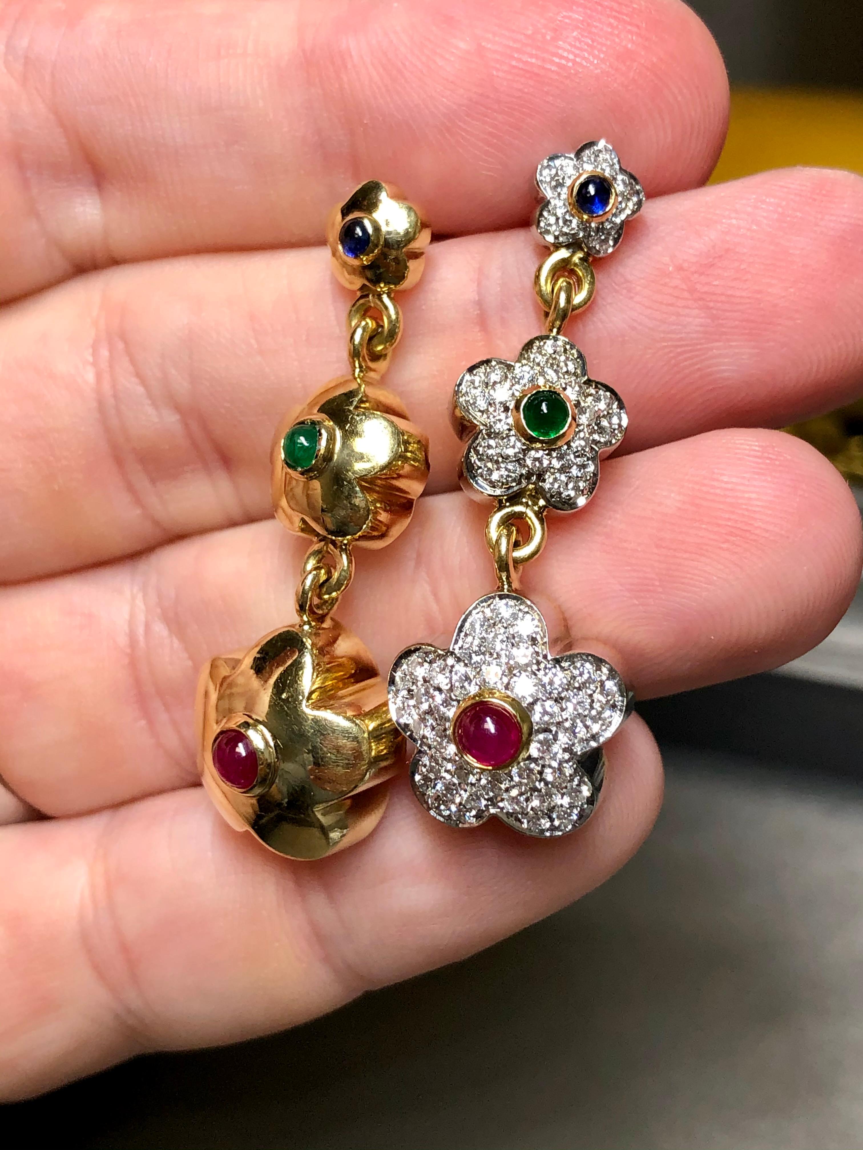 Taille ronde Estate PASQUALE BRUNI 18K Diamond Ruby Sapphire Emerald Flower Drop Earrings   en vente