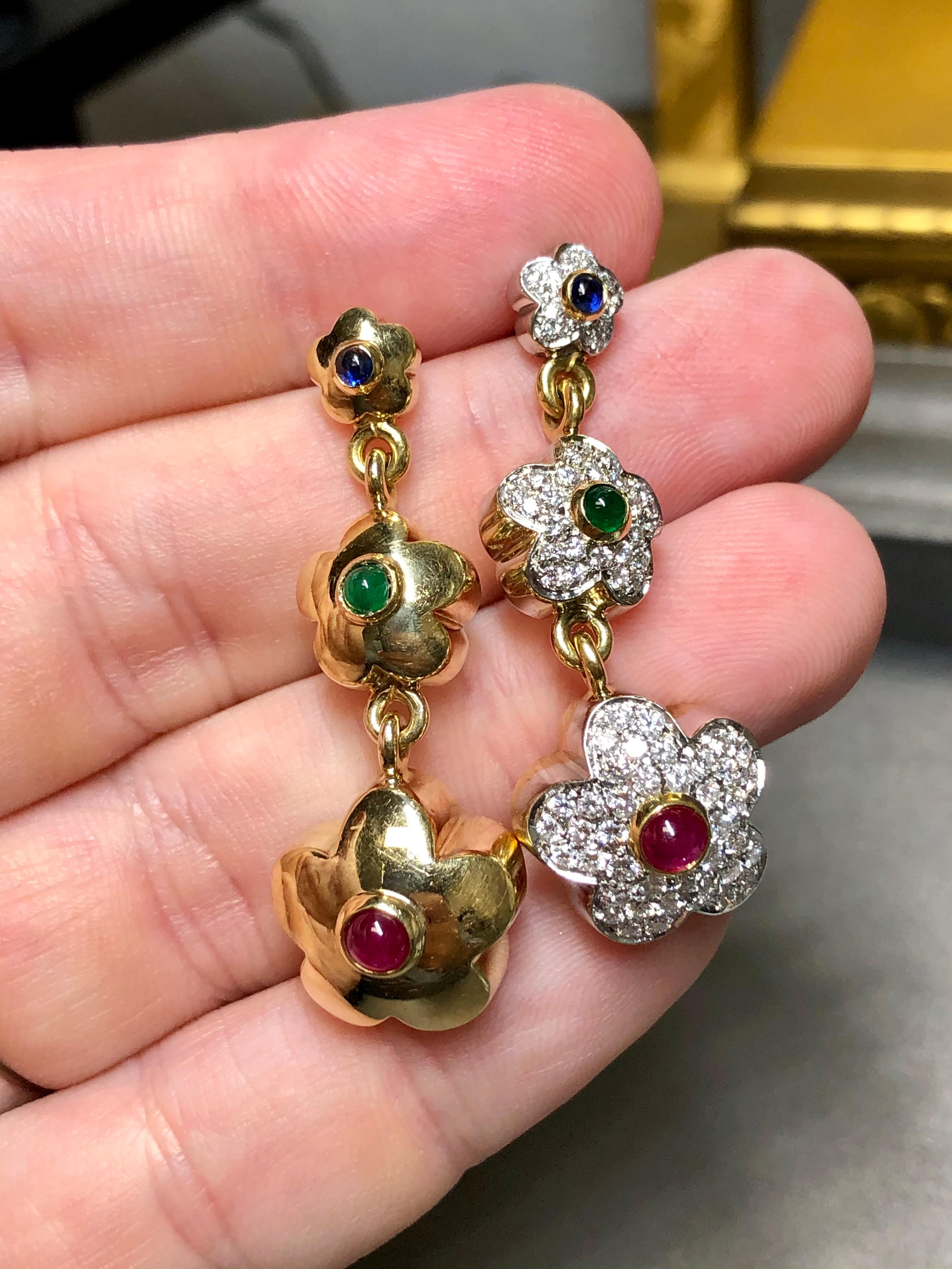 Round Cut Estate PASQUALE BRUNI 18K Diamond Ruby Sapphire Emerald Flower Drop Earrings   For Sale