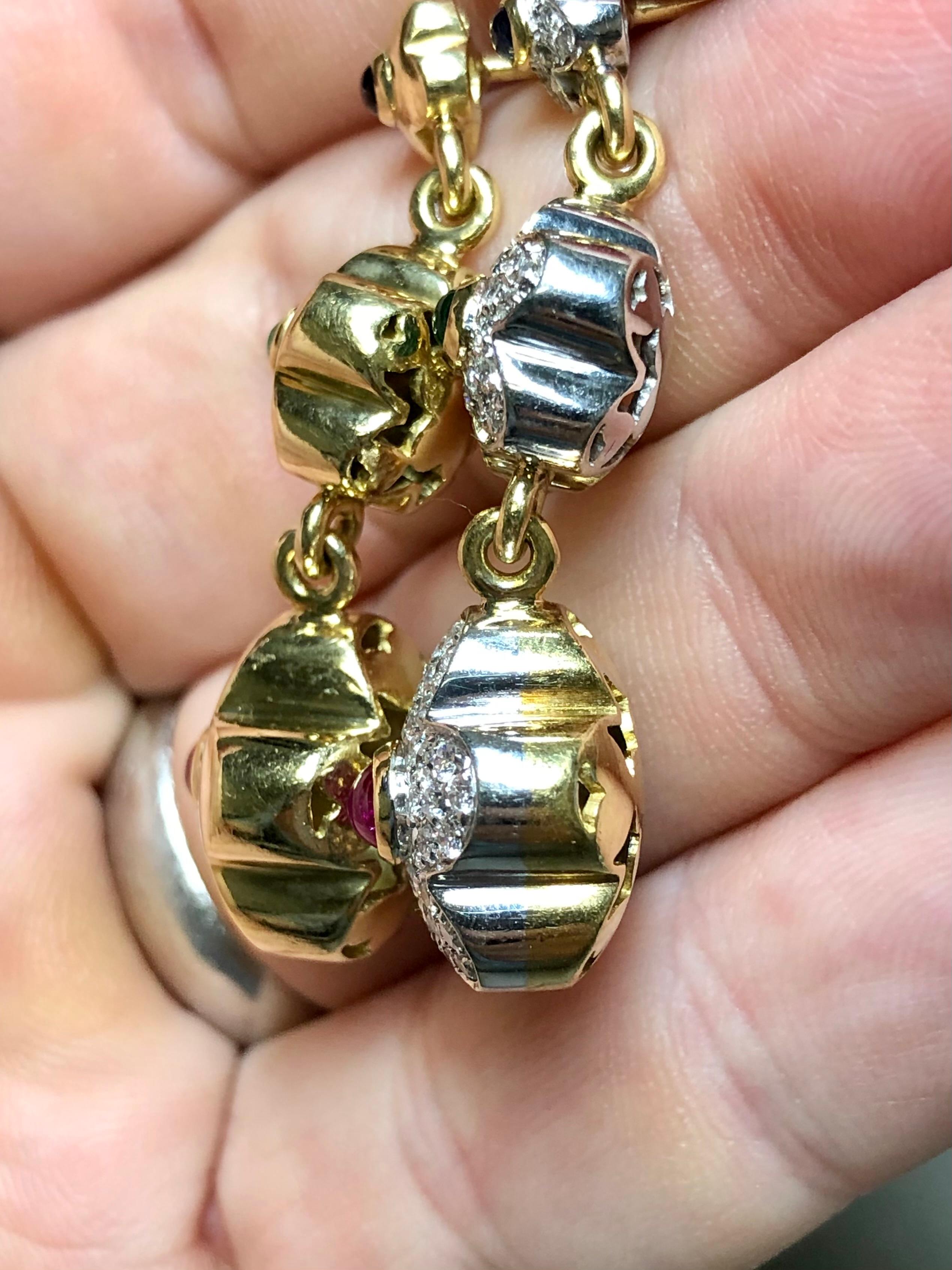 Estate PASQUALE BRUNI 18K Diamond Ruby Sapphire Emerald Flower Drop Earrings   In Good Condition For Sale In Winter Springs, FL