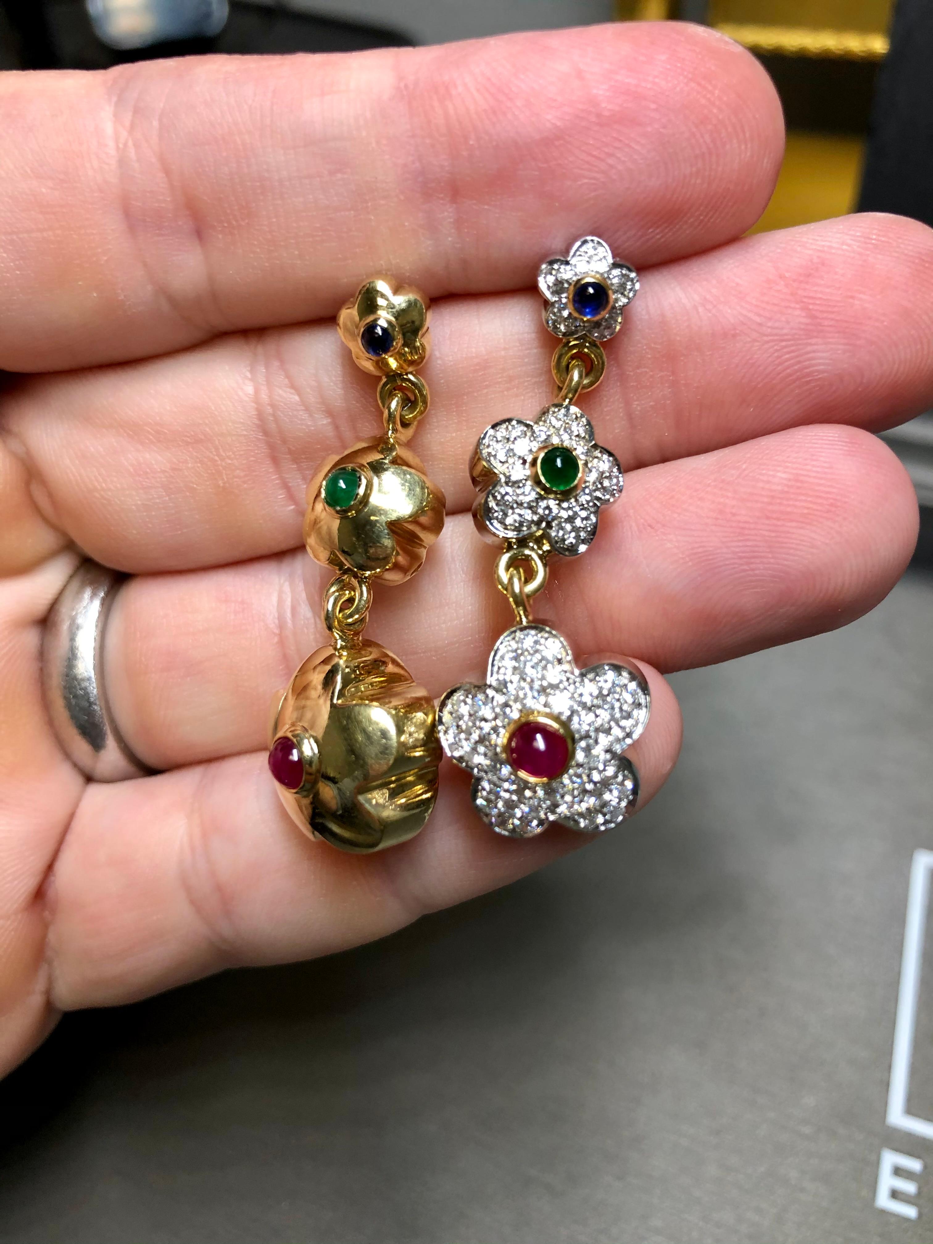 Women's or Men's Estate PASQUALE BRUNI 18K Diamond Ruby Sapphire Emerald Flower Drop Earrings   For Sale