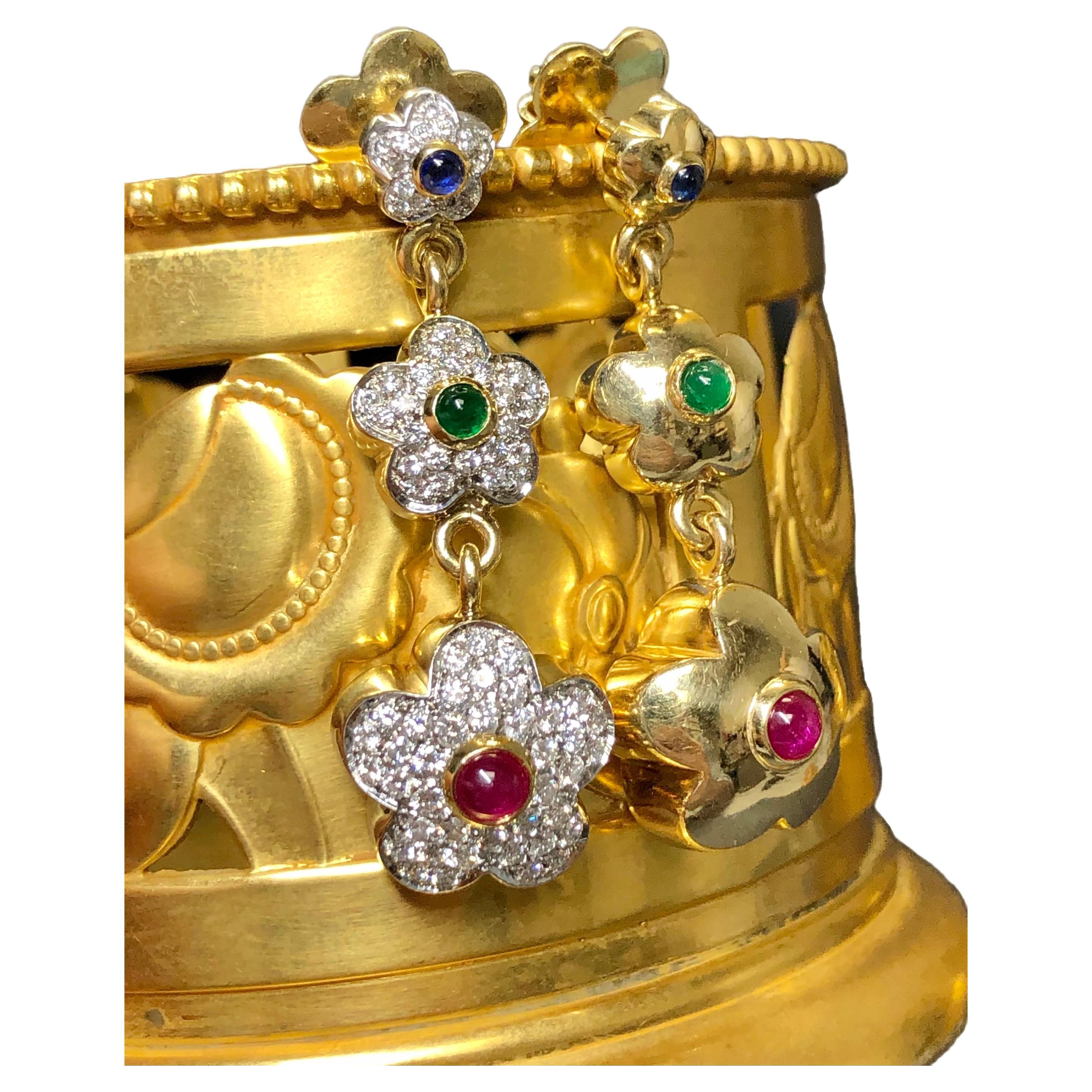 Estate PASQUALE BRUNI 18K Diamond Ruby Sapphire Emerald Flower Drop Earrings   For Sale