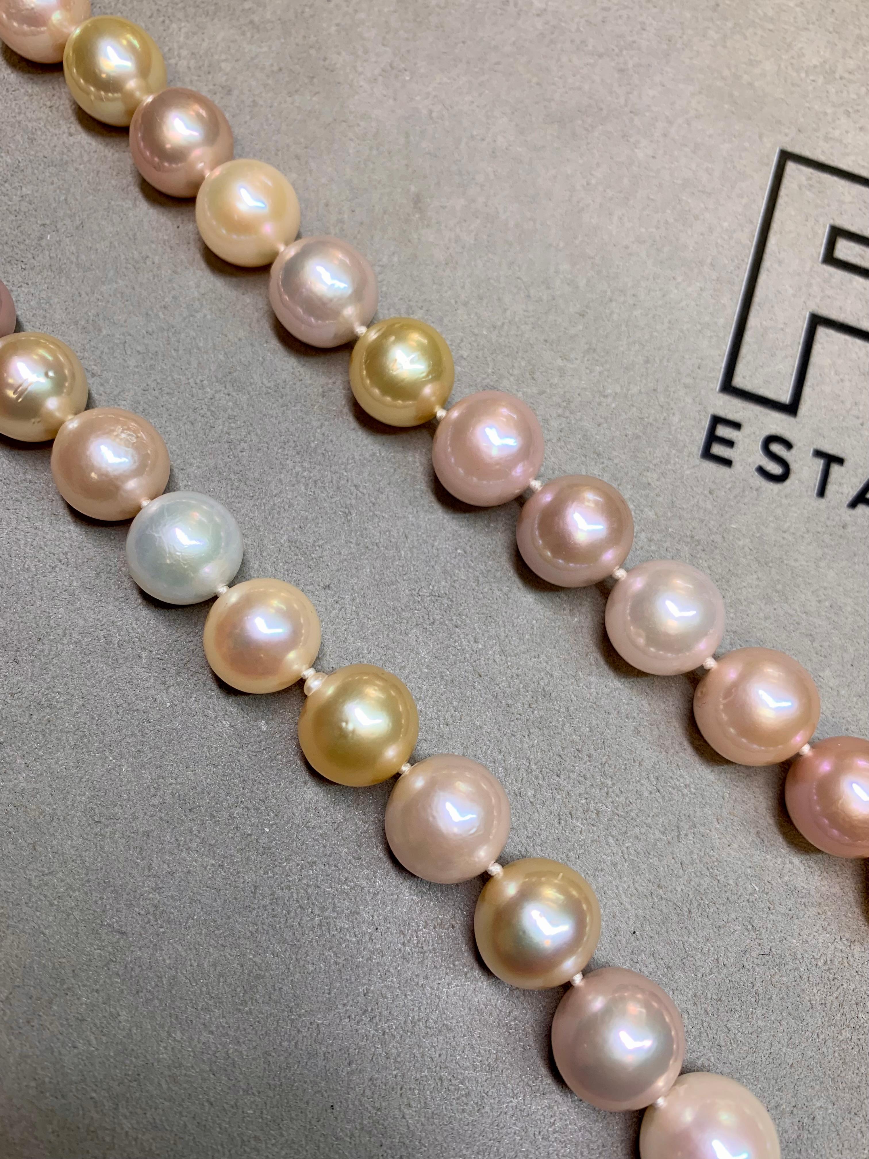 Contemporary Estate Pastel Multicolored South Sea Pearl Strand Necklace 14K  12.50mm - 15mm For Sale