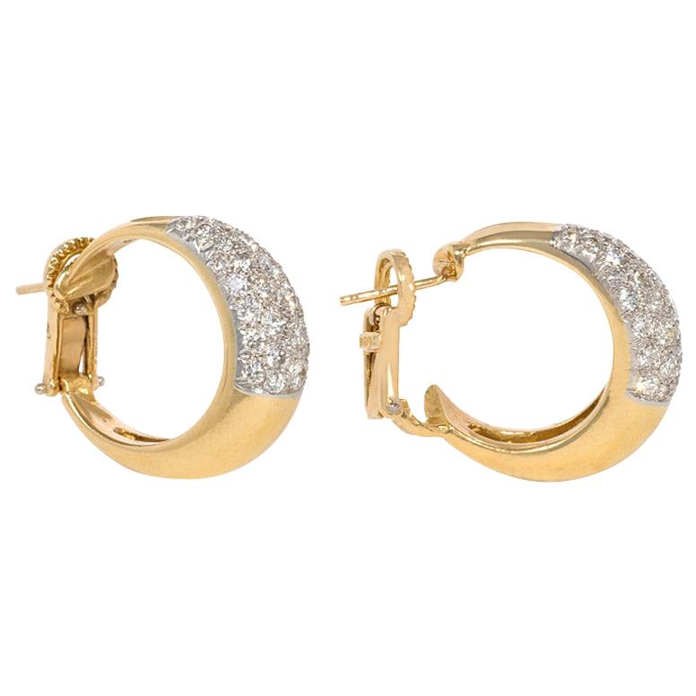 Estate Pavé Diamond and Gold Front-Facing Hoop Earrings