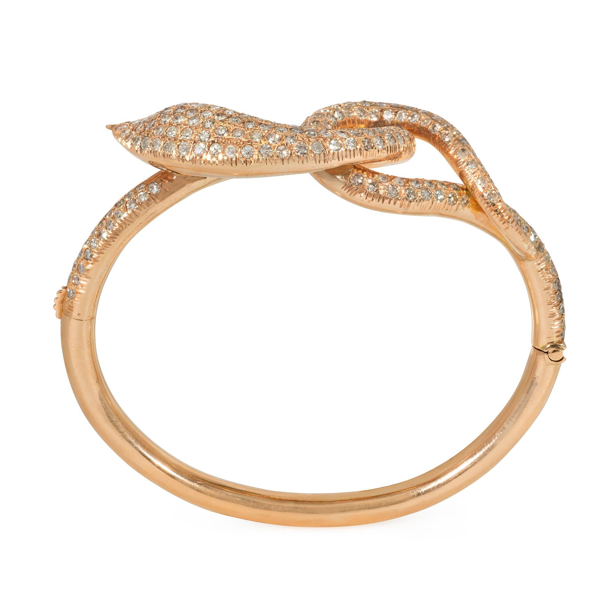Victorian Estate Pavé Diamond and Rose Gold Coiled Snake Bangle Bracelet For Sale