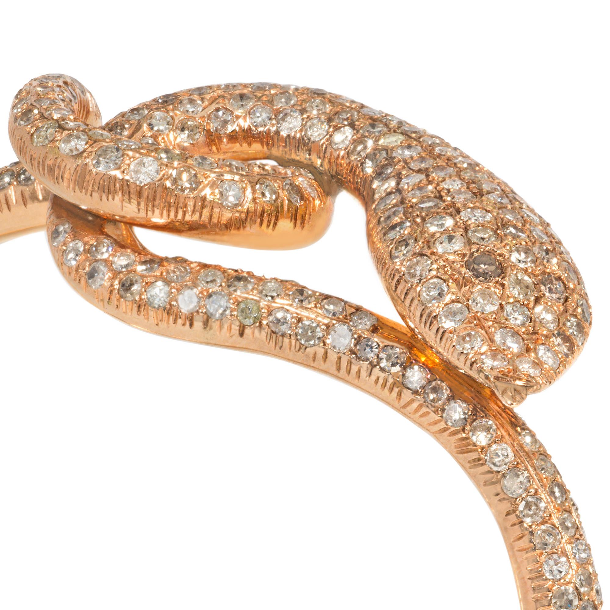 Single Cut Estate Pavé Diamond and Rose Gold Coiled Snake Bangle Bracelet For Sale