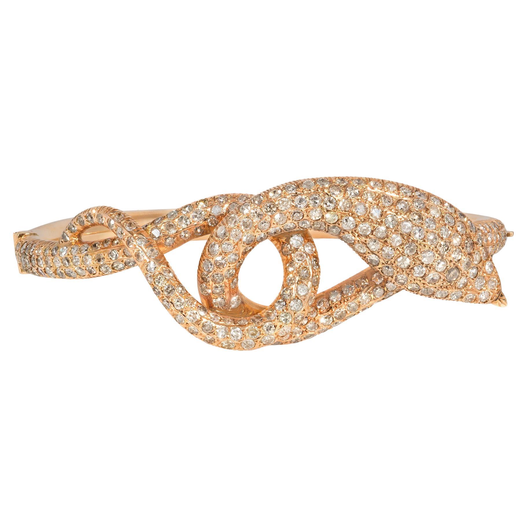 Estate Pavé Diamond and Rose Gold Coiled Snake Bangle Bracelet For Sale