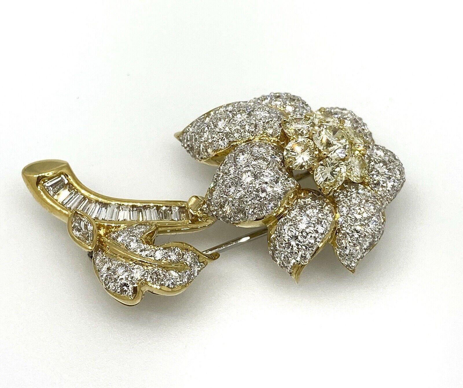 Round Cut Estate Pave Diamond Flower Brooch / Pin in 18k Yellow Gold For Sale