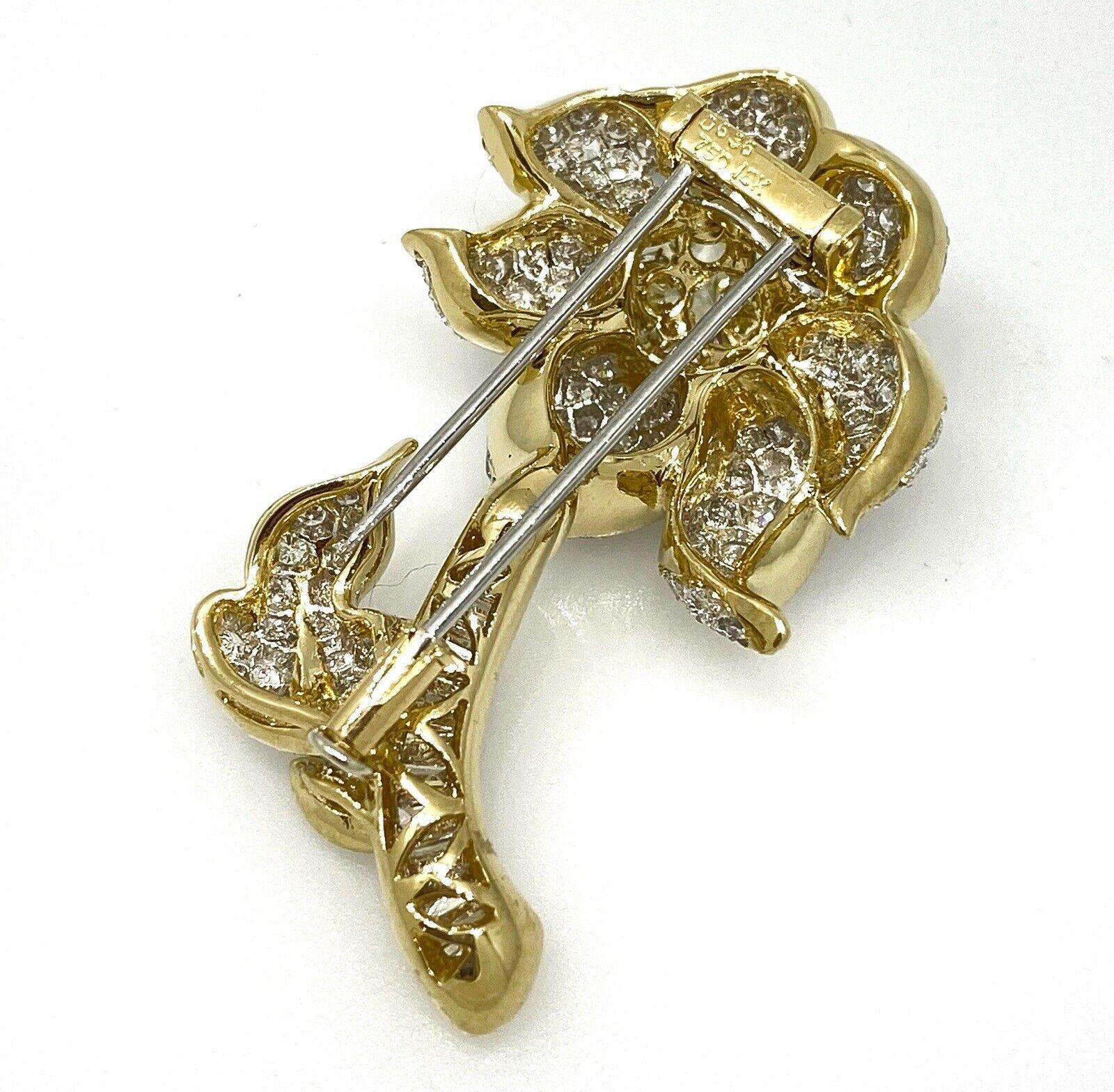 Estate Pave Diamond Flower Brooch / Pin in 18k Yellow Gold In Excellent Condition For Sale In La Jolla, CA