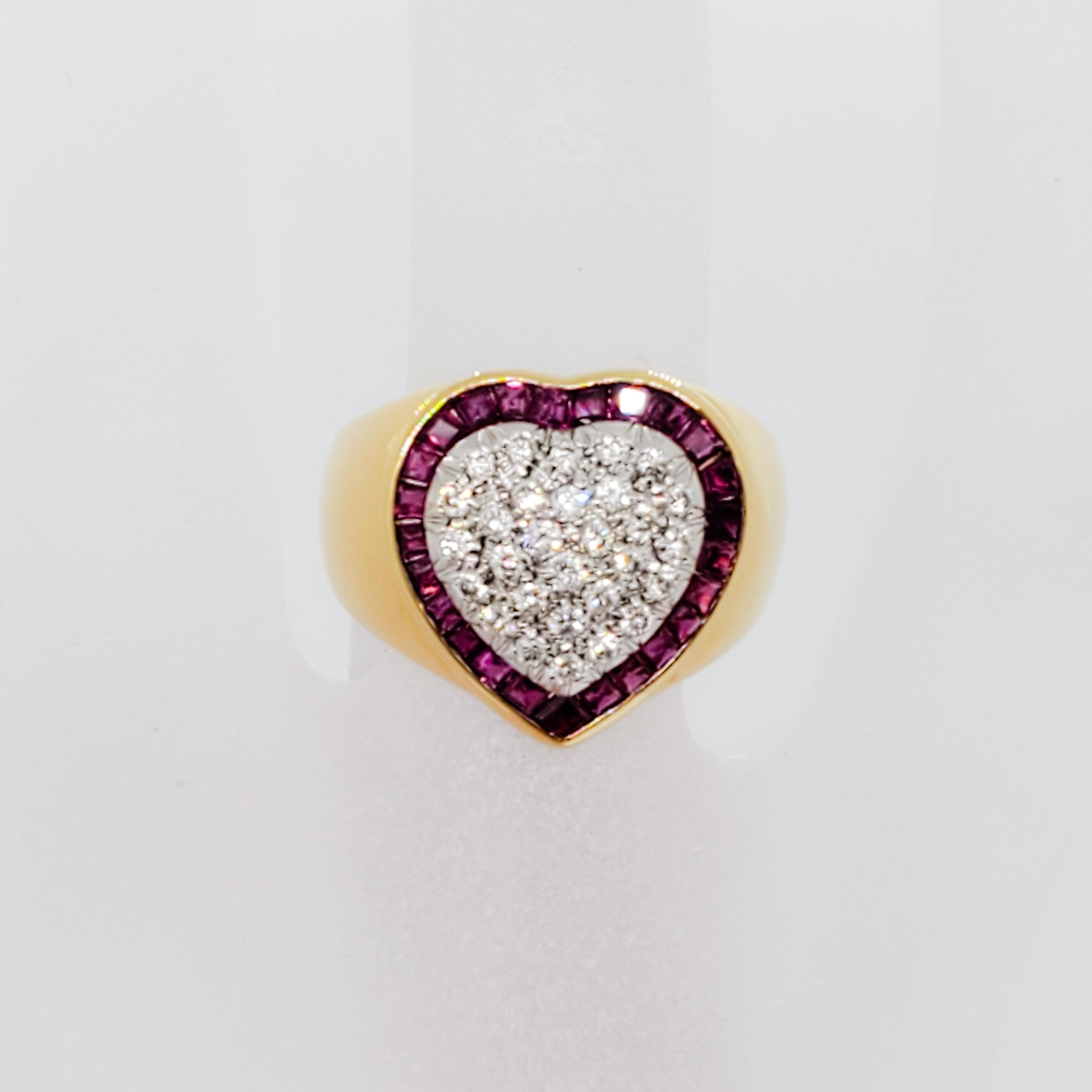 Square Cut Estate Pave White Diamond and Ruby Square Heart Shape Ring in 18k Yellow Gold