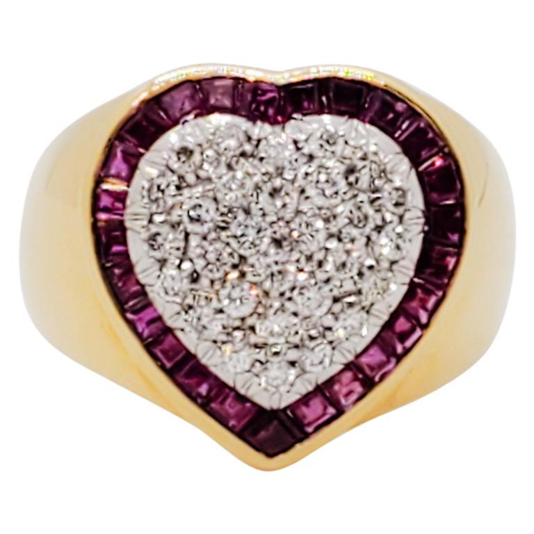Estate Pave White Diamond and Ruby Square Heart Shape Ring in 18k Yellow Gold