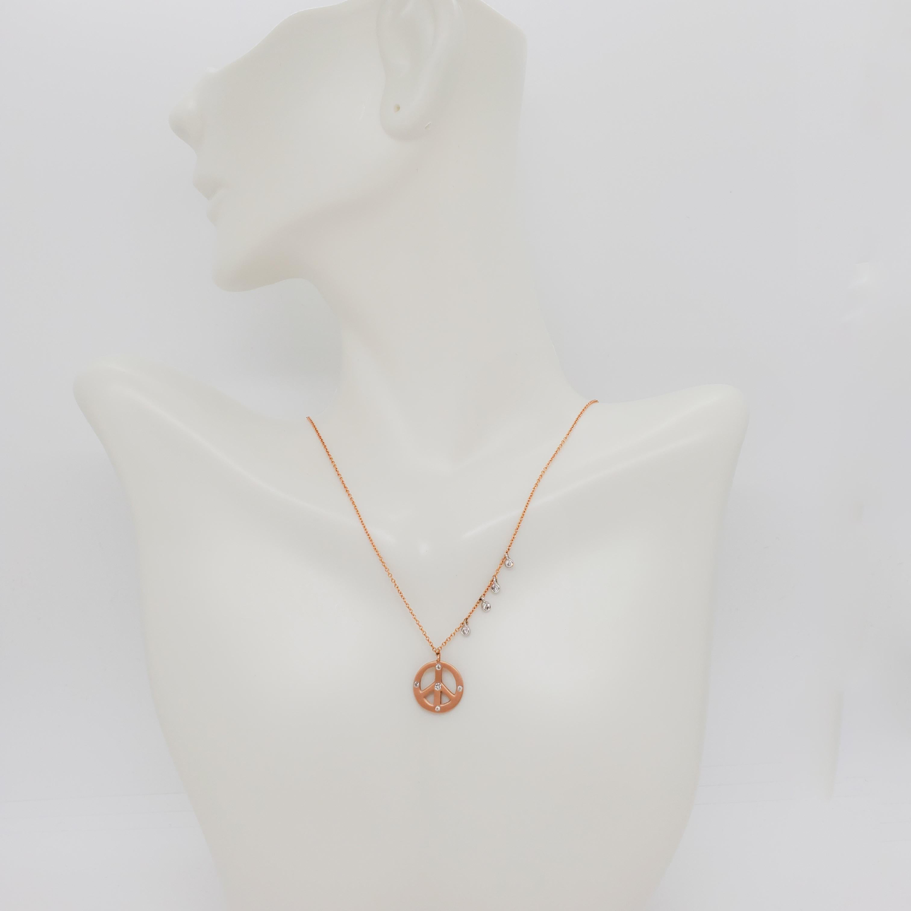 Estate Peace Sign Diamond Pendant Necklace in 14k Rose and White Gold In Excellent Condition In Los Angeles, CA