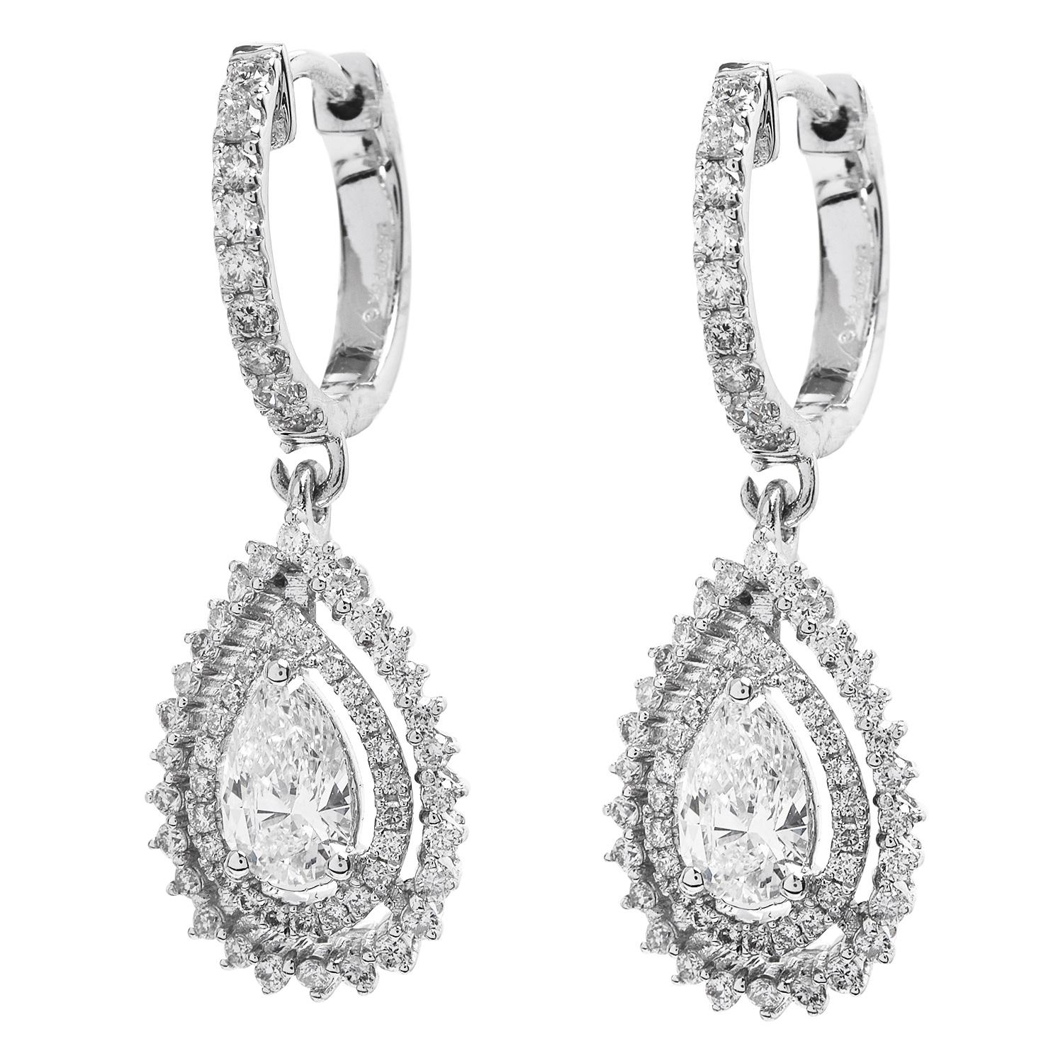 Estate Pear Cut Diamond 14K White Gold Hoop Dangle Drop Earrings In Excellent Condition For Sale In Miami, FL