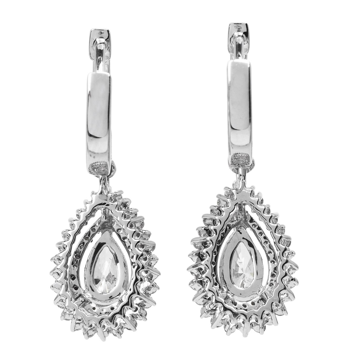 Women's Estate Pear Cut Diamond 14K White Gold Hoop Dangle Drop Earrings For Sale