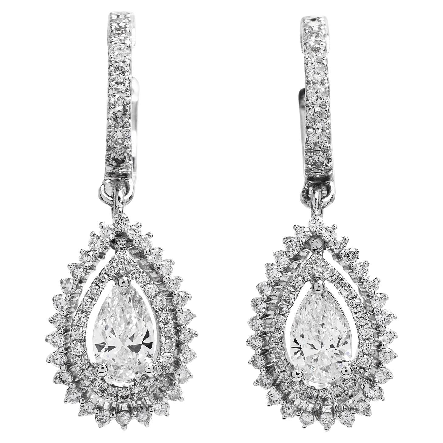Estate Pear Cut Diamond 14K White Gold Hoop Dangle Drop Earrings For Sale