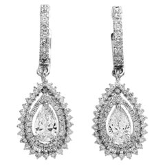 Estate Pear Cut Diamond 14K White Gold Hoop Dangle Drop Earrings
