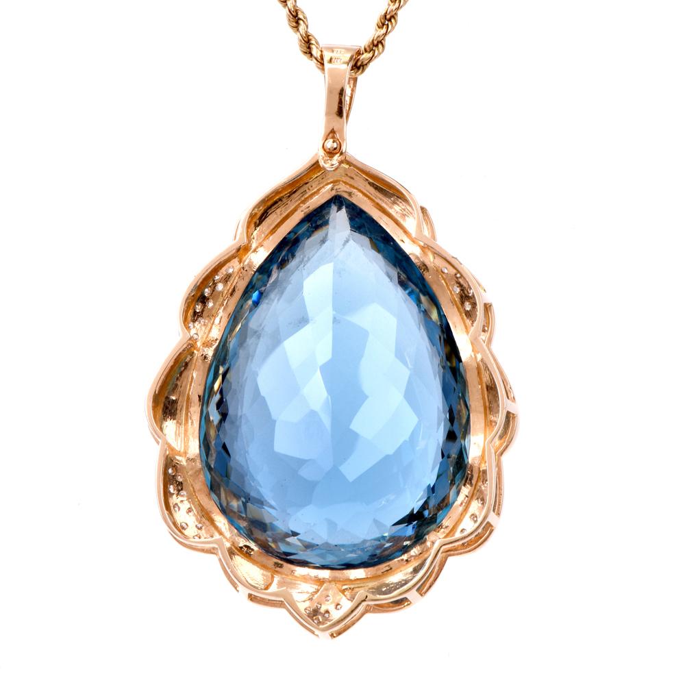 Women's Estate Pear-Shape Blue Topaz Diamond Yellow Gold Pendant Enhancer