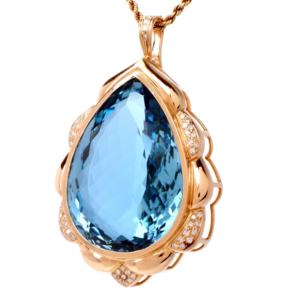 Estate Pear-Shape Blue Topaz Diamond Yellow Gold Pendant Enhancer 1