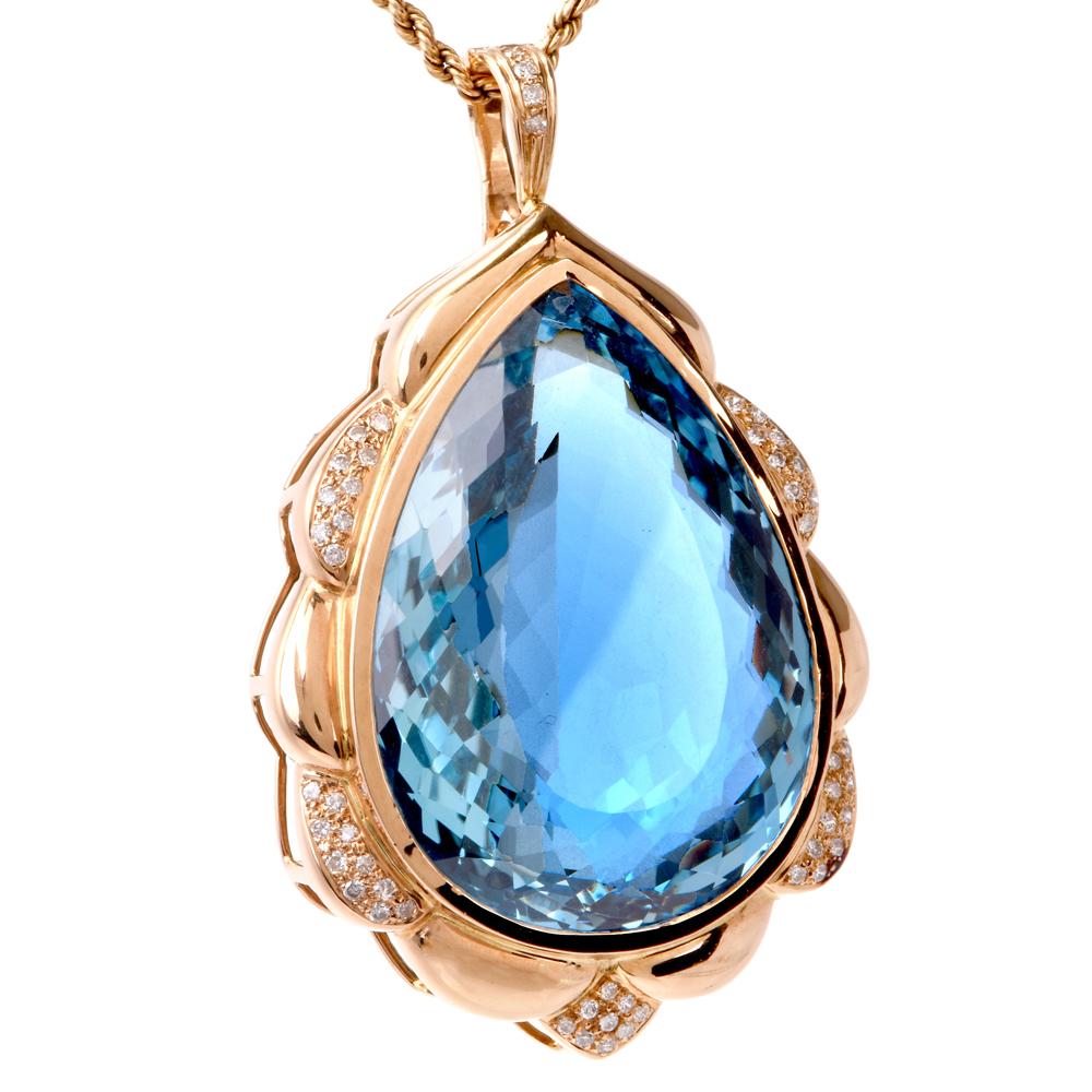 Estate Pear-Shape Blue Topaz Diamond Yellow Gold Pendant Enhancer 2