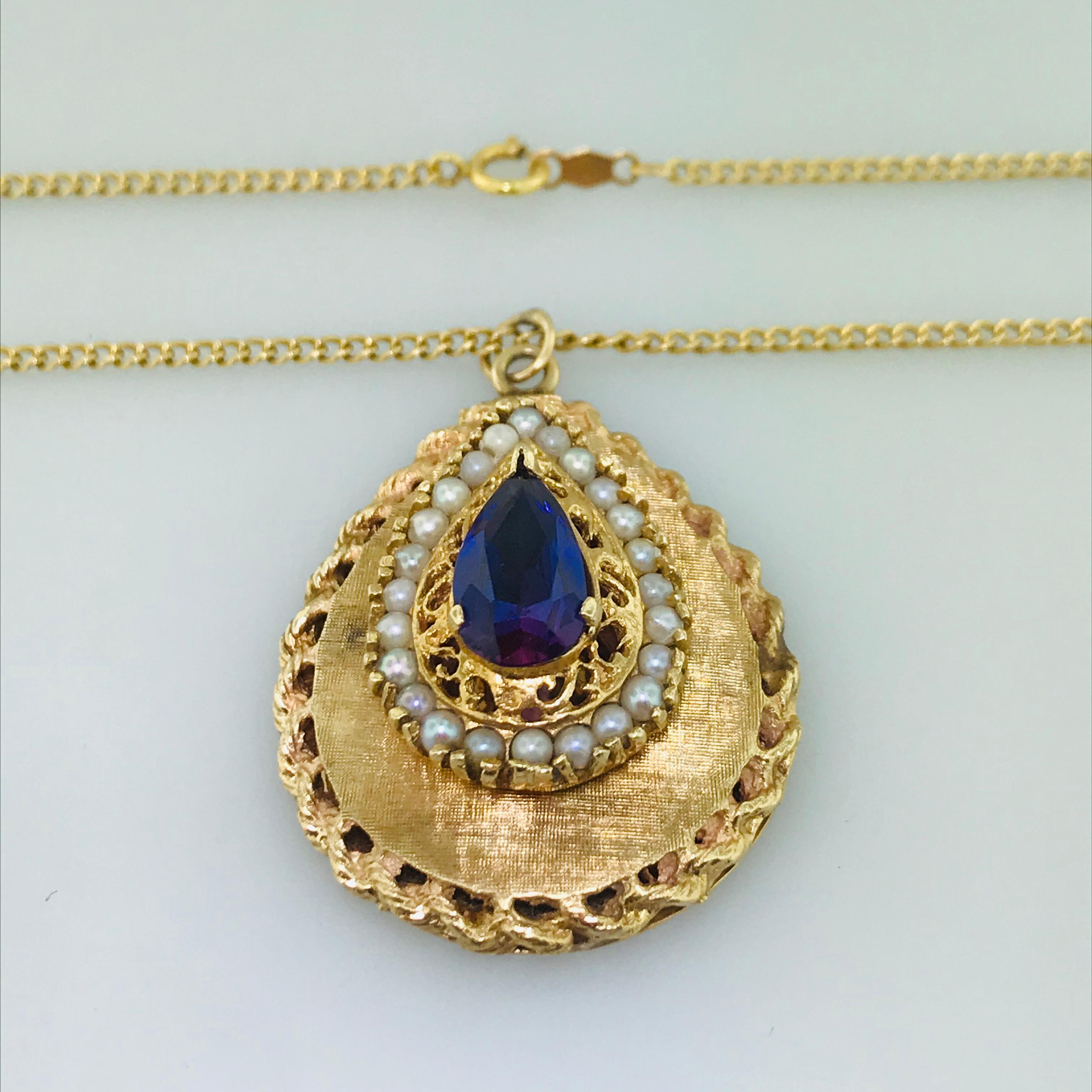 Estate Vintage Locket Pear Shape Amethyst Seed Pearl Pendant with Chain 14K Gold 2