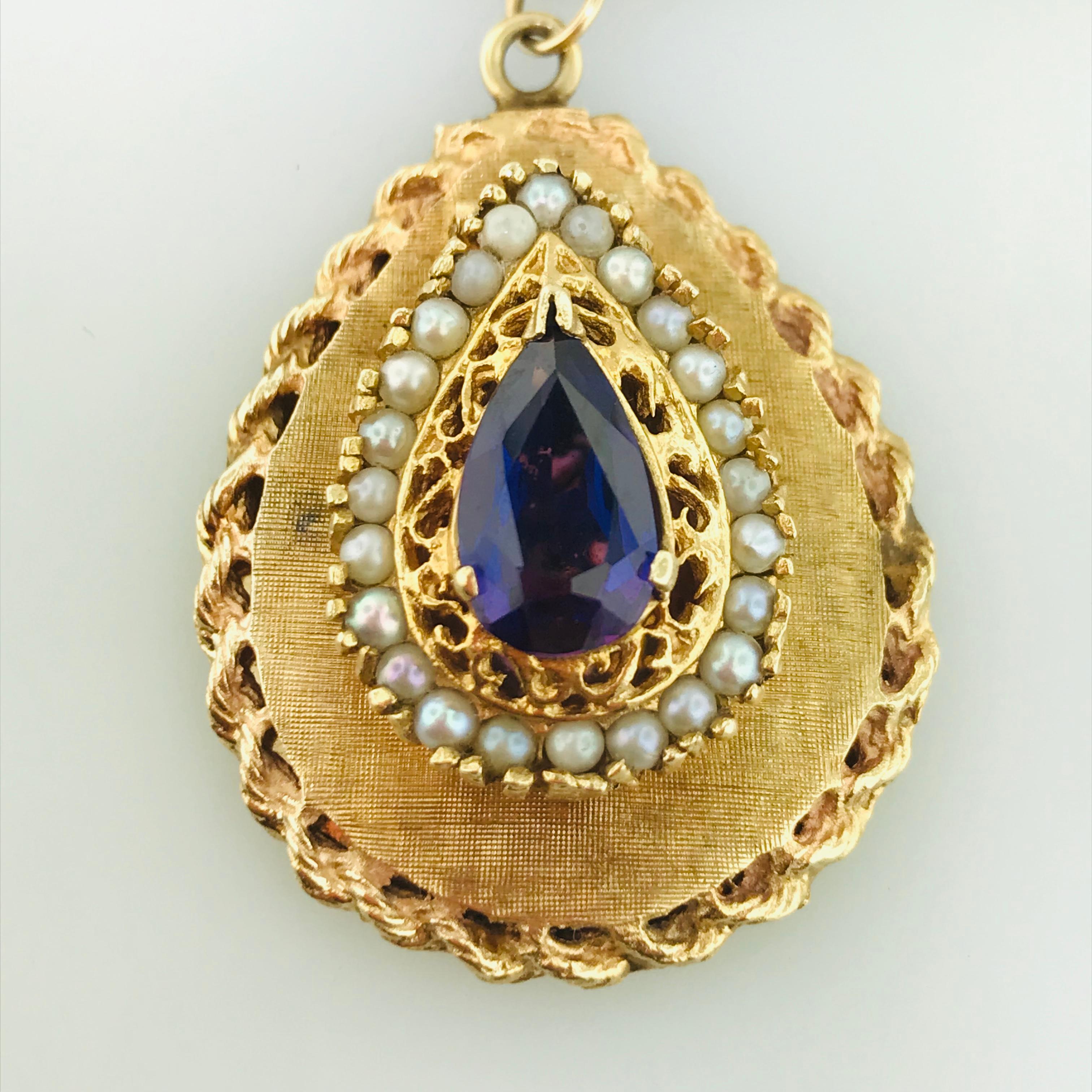 Estate Vintage Locket Pear Shape Amethyst Seed Pearl Pendant with Chain 14K Gold 3