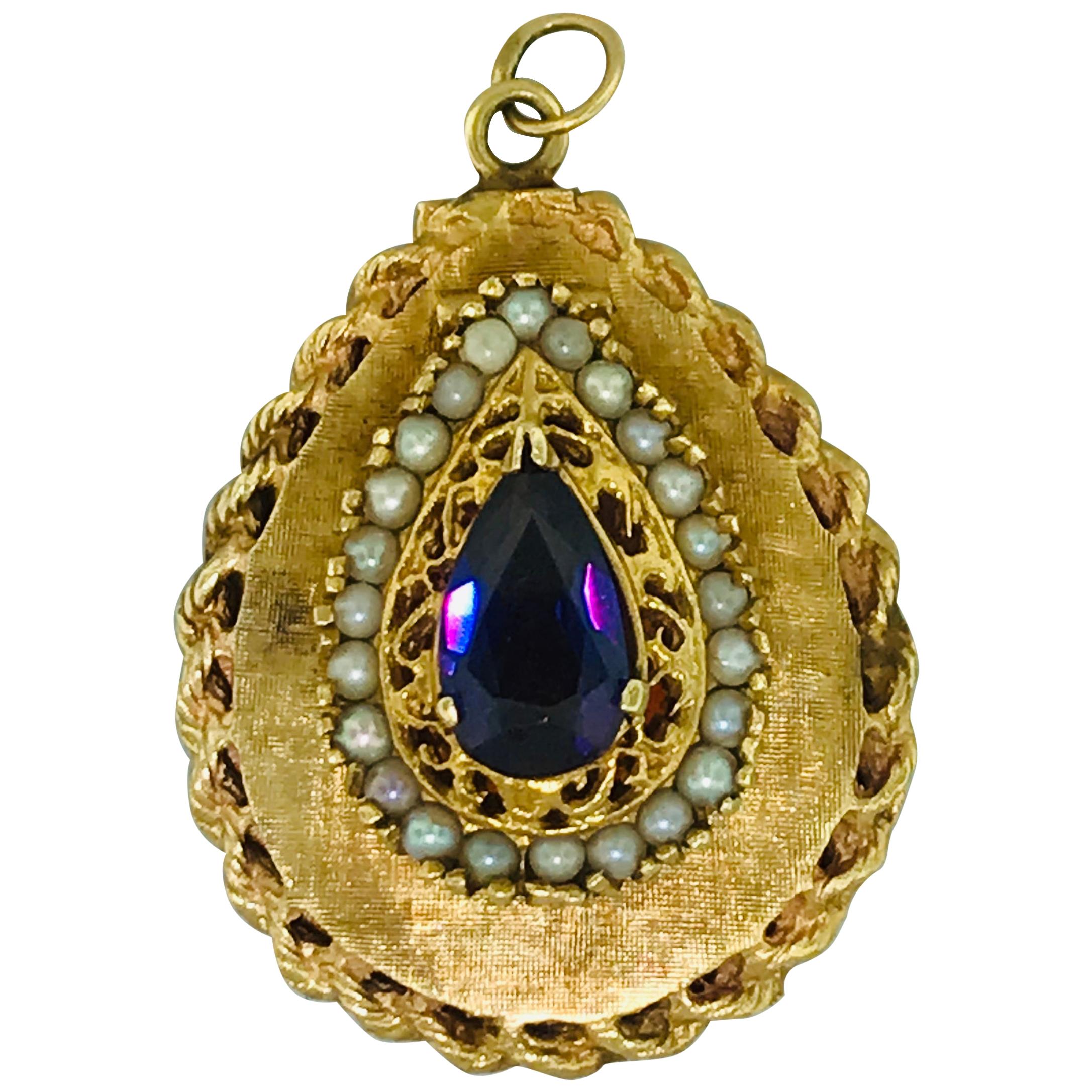 Estate Vintage Locket Pear Shape Amethyst Seed Pearl Pendant with Chain 14K Gold