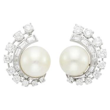 Estate Pearl and Diamond Earring in Platinum circa 1950s, 2.00 Carats For Sale