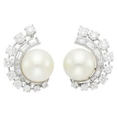 Vintage Estate Pearl and Diamond Earring in Platinum circa 1950s, 2.00 Carats