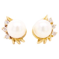 Estate Pearl Earrings Stud Post Pearls w 6 Diamonds 14 Karat Yellow Gold