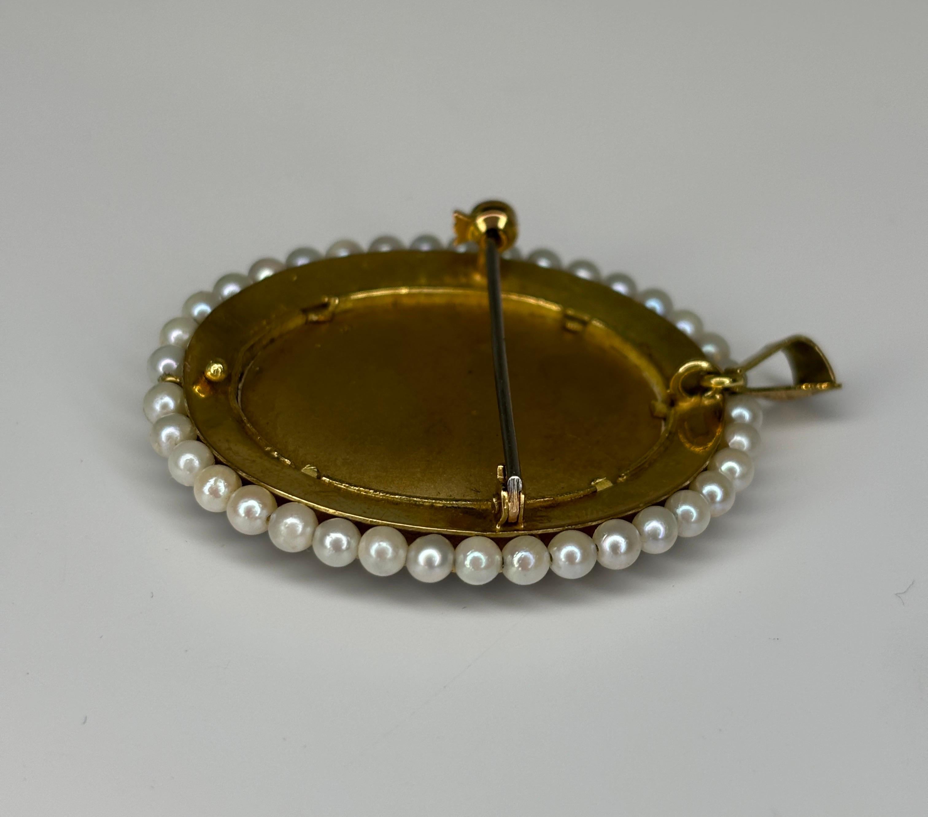Estate Pearl &Enameled Brooch Pendant 18k Yellow Gold Miniature Portrait For Sale 5