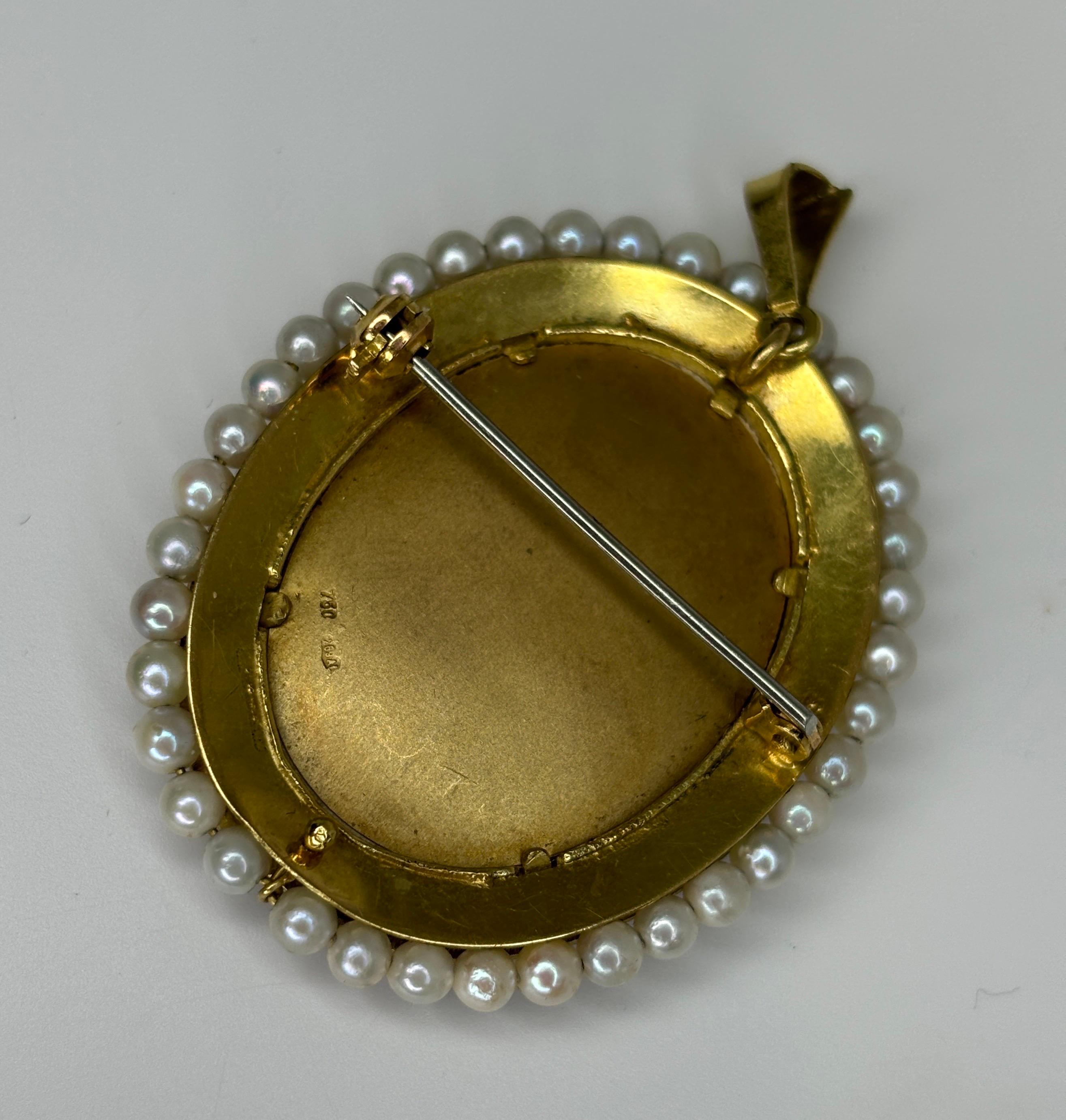Estate Pearl &Enameled Brooch Pendant 18k Yellow Gold Miniature Portrait For Sale 6