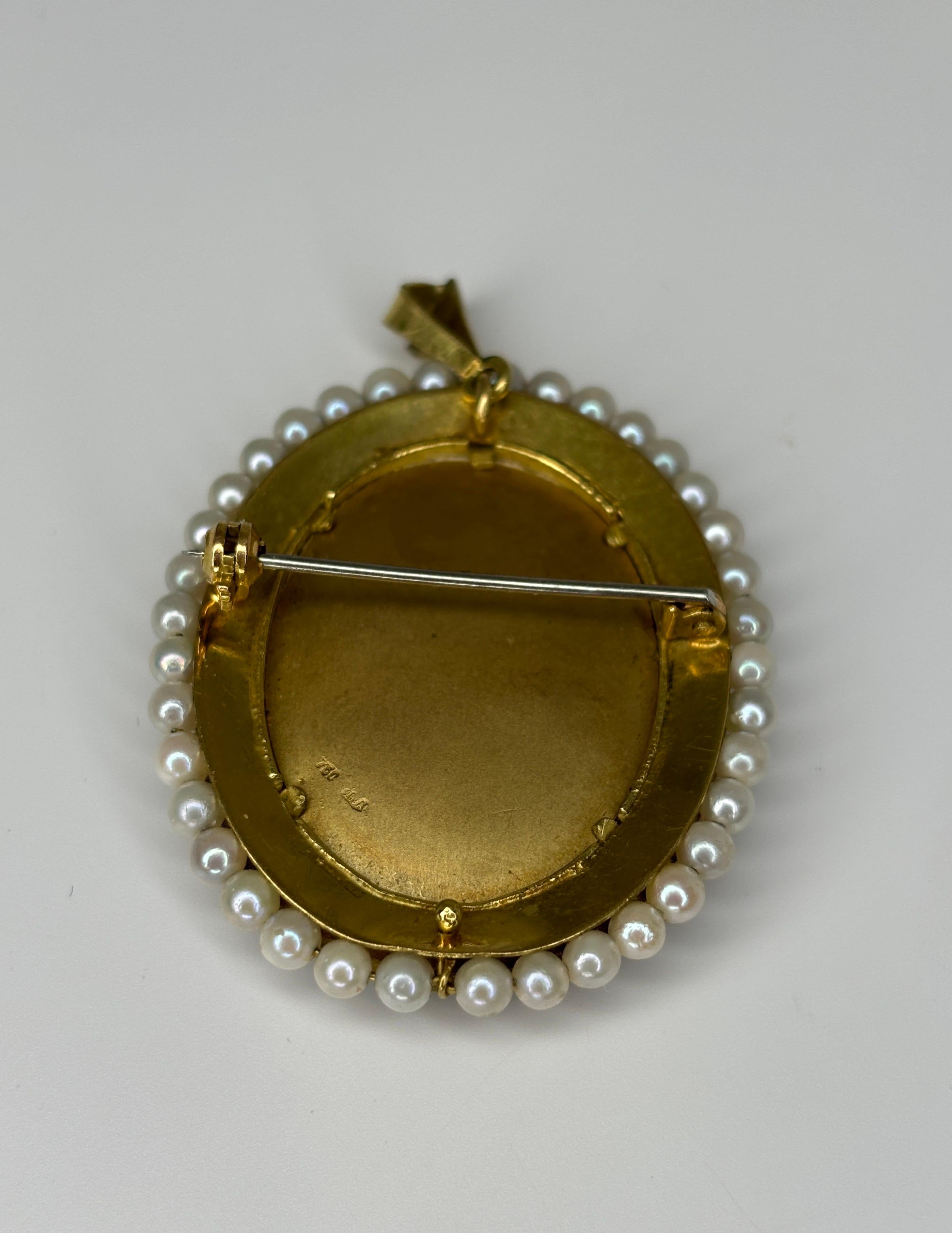 Estate Pearl &Enameled Brooch Pendant 18k Yellow Gold Miniature Portrait For Sale 7