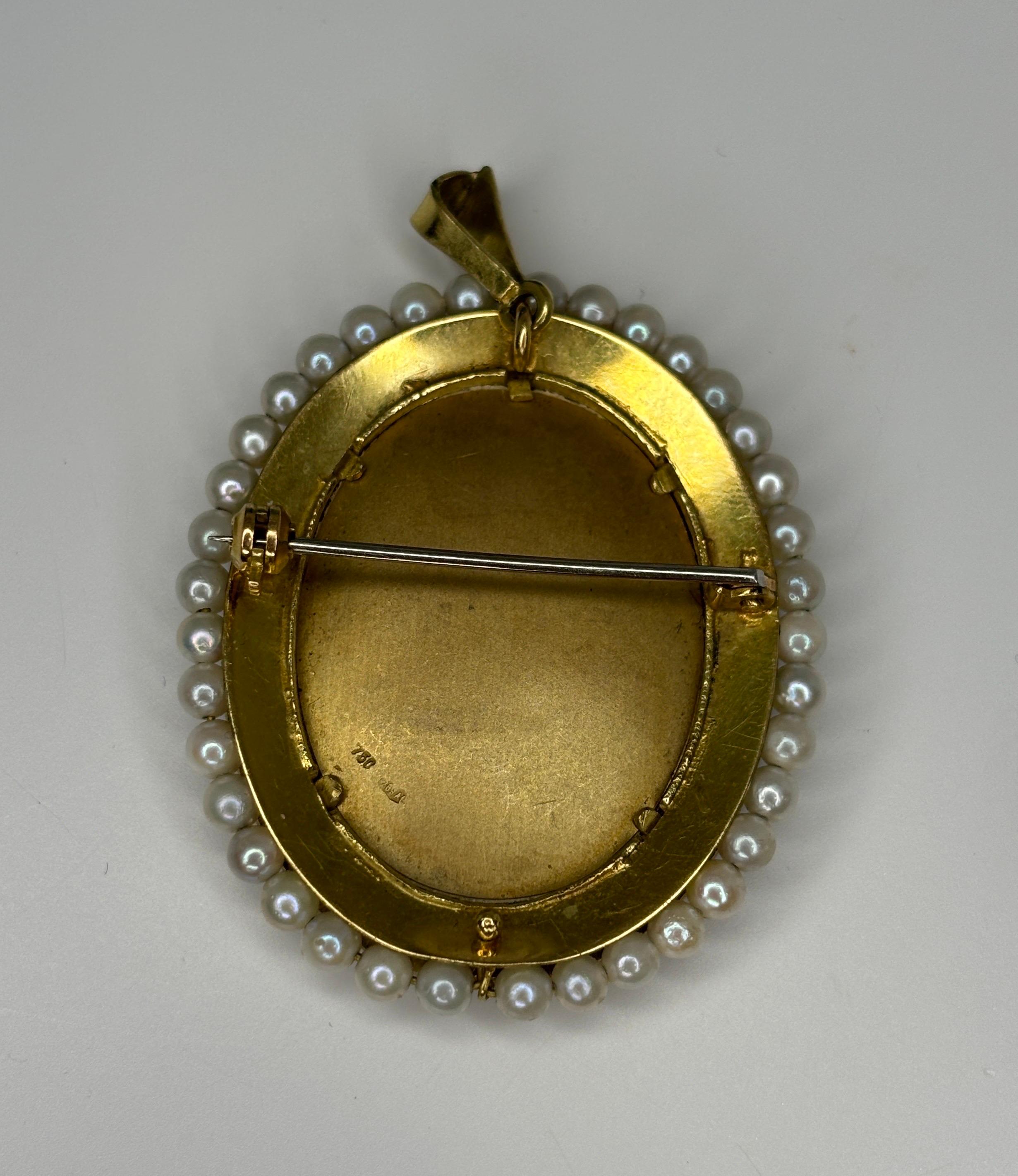 Estate Pearl &Enameled Brooch Pendant 18k Yellow Gold Miniature Portrait For Sale 8