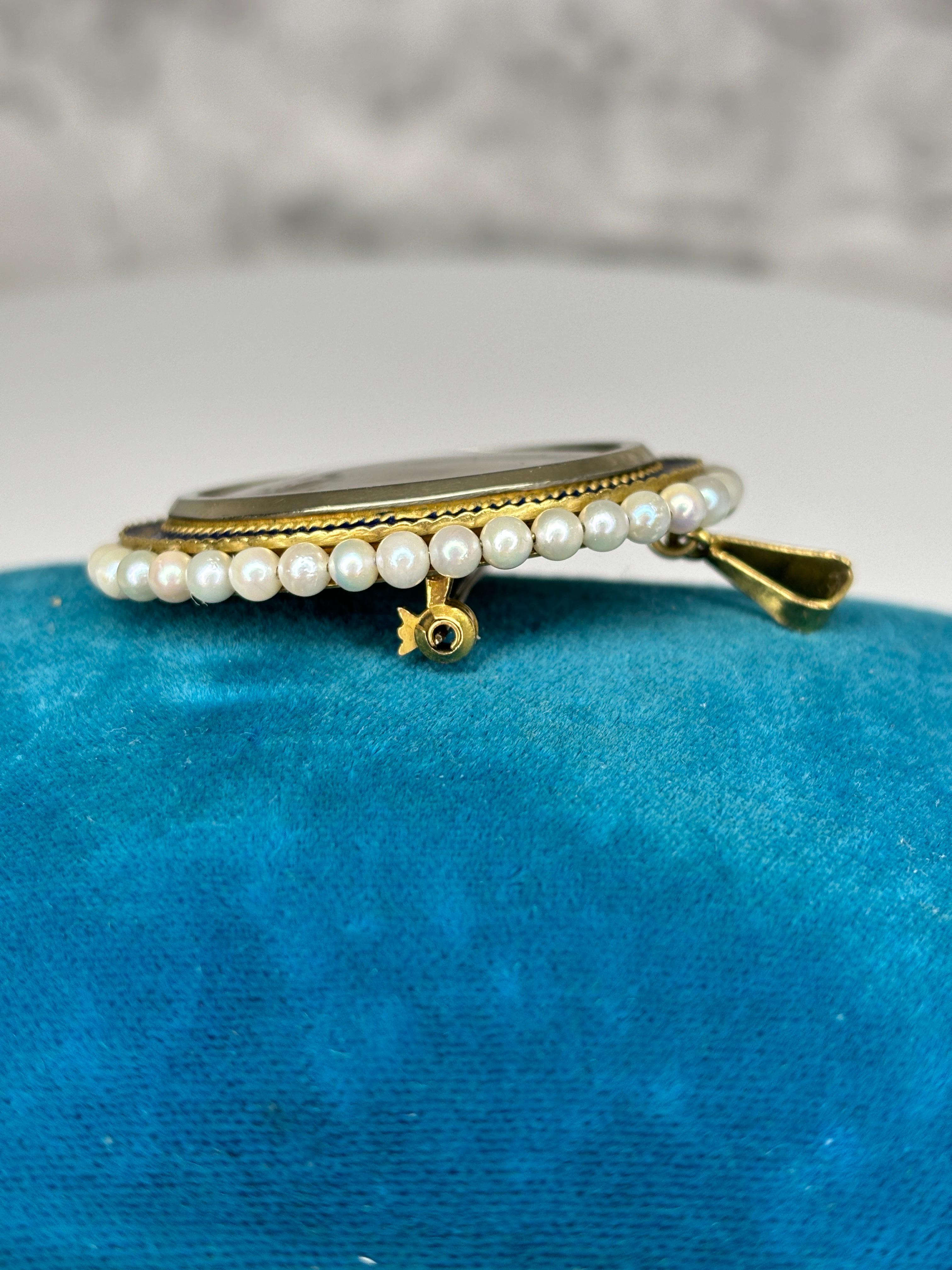 Estate Pearl &Enameled Brooch Pendant 18k Yellow Gold Miniature Portrait For Sale 9