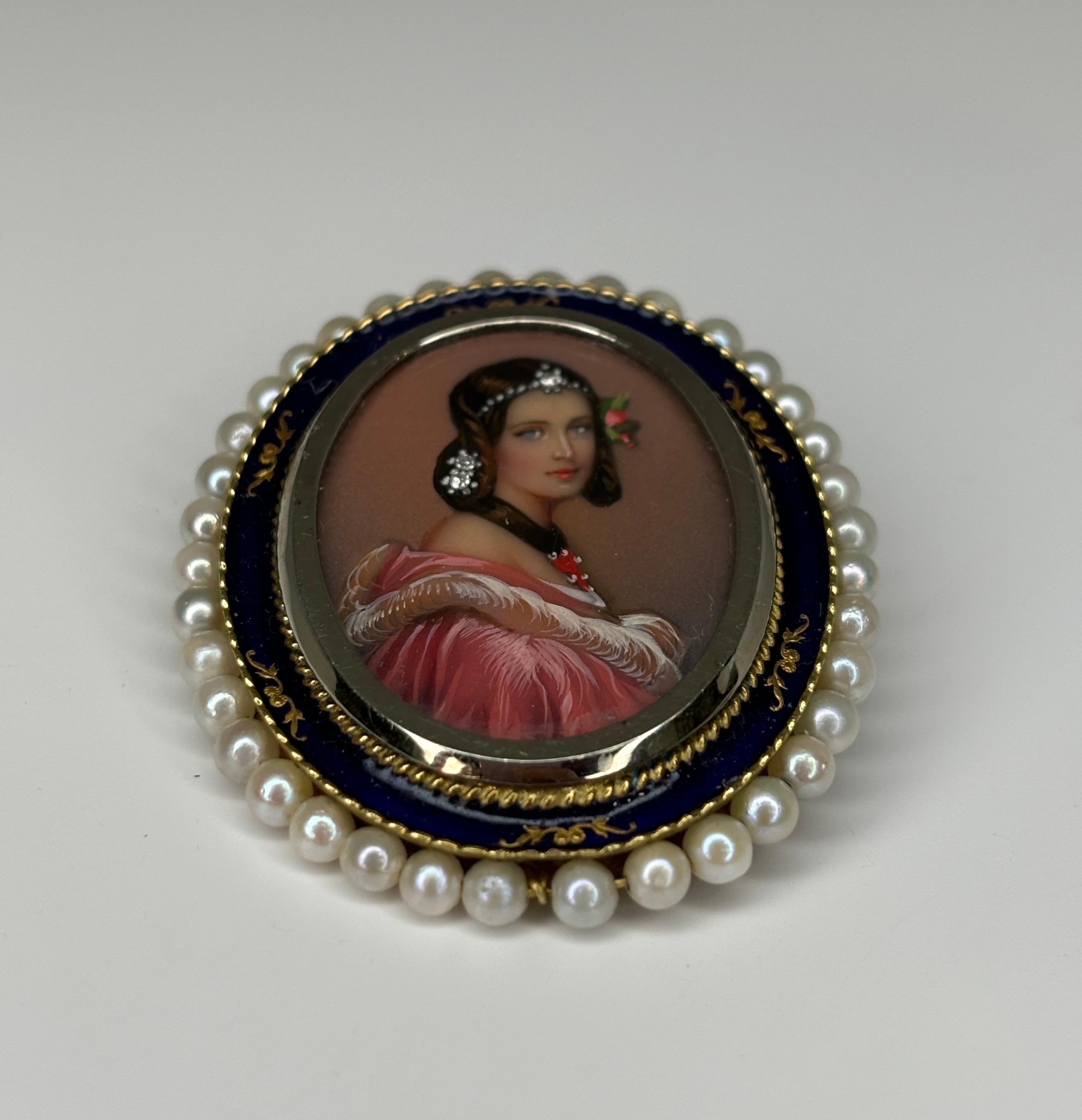 Estate Pearl &Enameled Brooch Pendant 18k Yellow Gold Miniature Portrait For Sale 10
