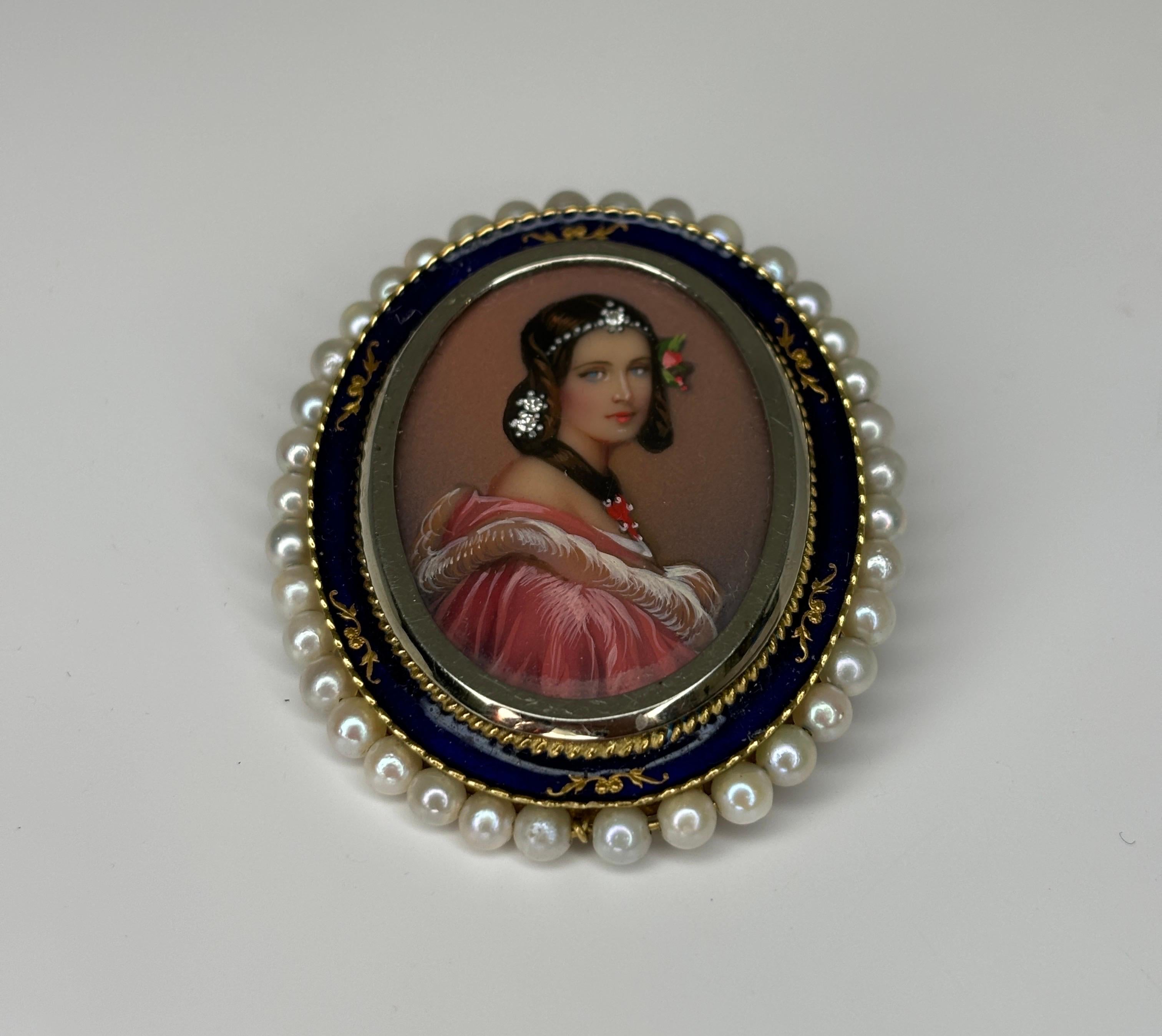 Estate Pearl &Enameled Brooch Pendant 18k Yellow Gold Miniature Portrait For Sale 11