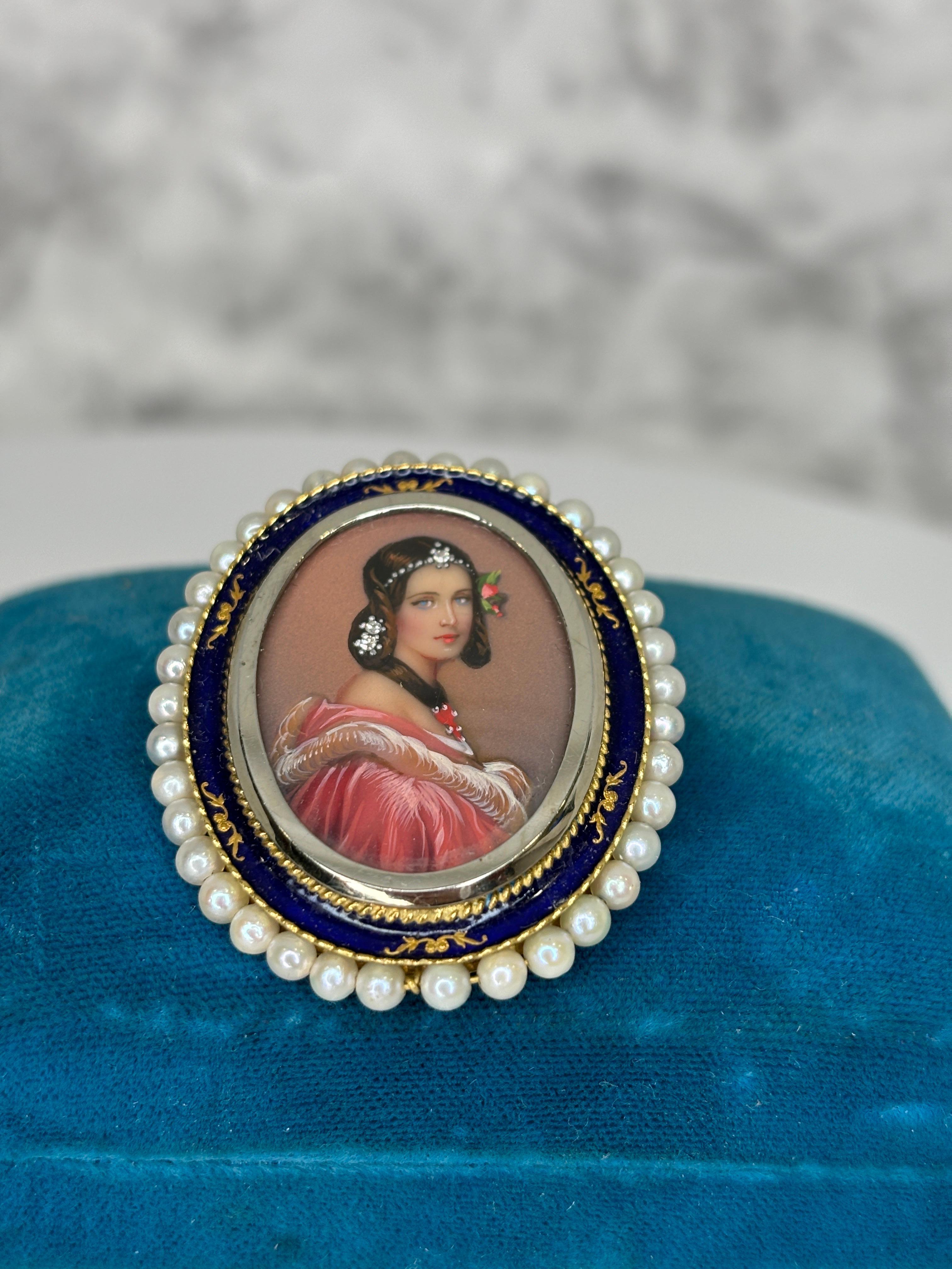 Estate Pearl &Enameled Brooch Pendant 18k Yellow Gold Miniature Portrait For Sale 12