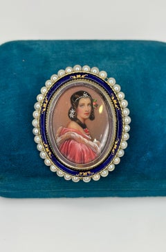 Estate Pearl &Enamled Brosche Anhänger 18k Gelbgold Miniature Portrait