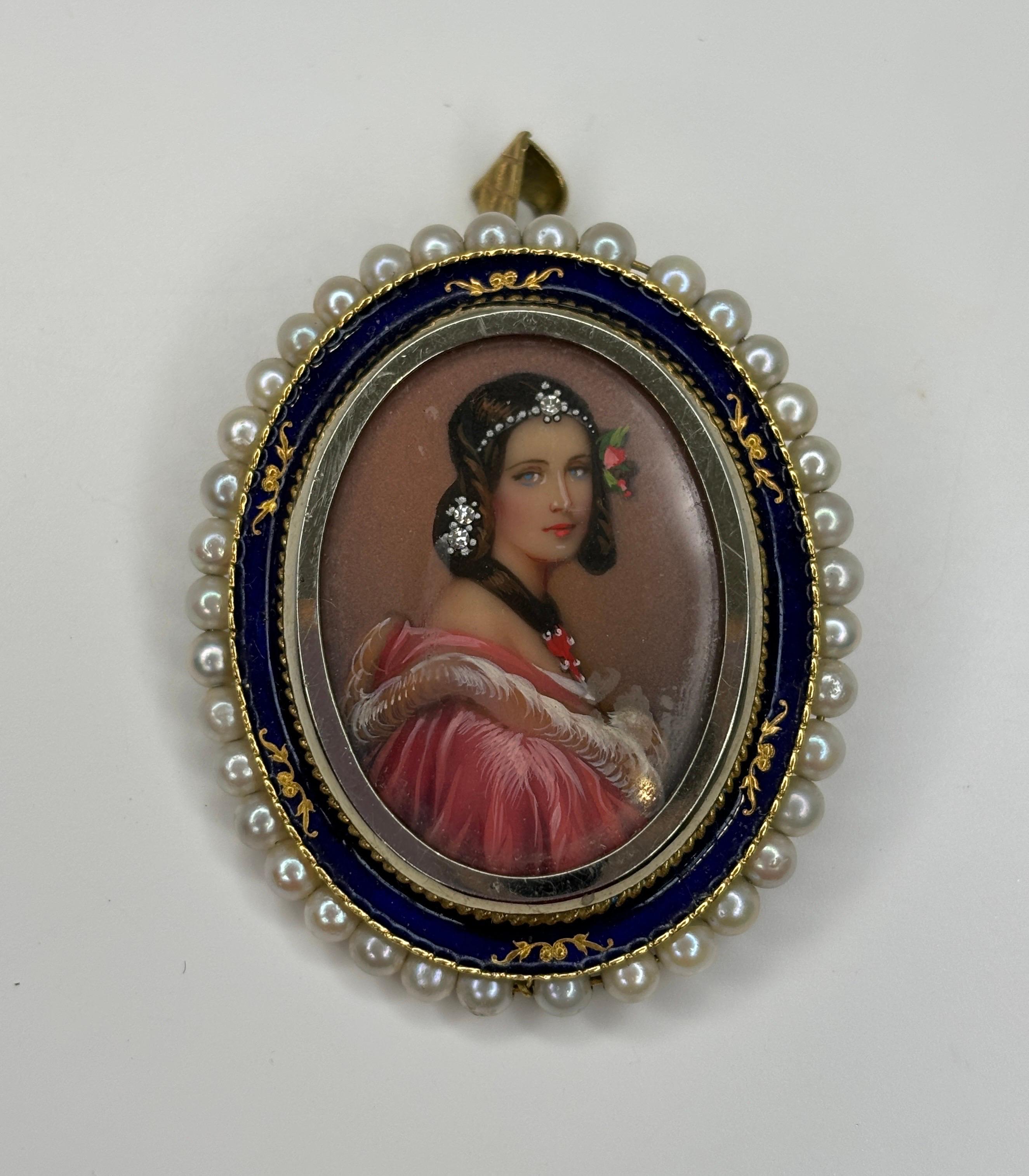 Bead Estate Pearl &Enameled Brooch Pendant 18k Yellow Gold Miniature Portrait For Sale